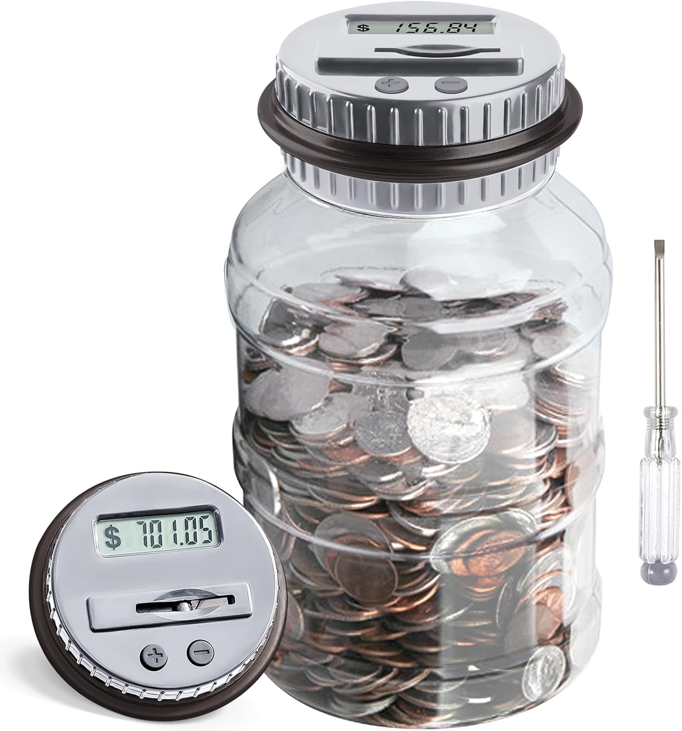 Large Piggy Bank for Boys Adults, Vcertcpl Digital Coin Counting Bank with LCD Counter, 1.8L Capacity Coin Bank Money Jar for Adults, Designed for All US Coins (Gray)