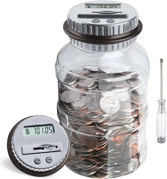 Large Piggy Bank for Boys Adults, Vcertcpl Digital Coin Counting Bank with LCD Counter, 1.8L Capacity Coin Bank Money Jar for Adults, Designed for All US Coins (Gray)