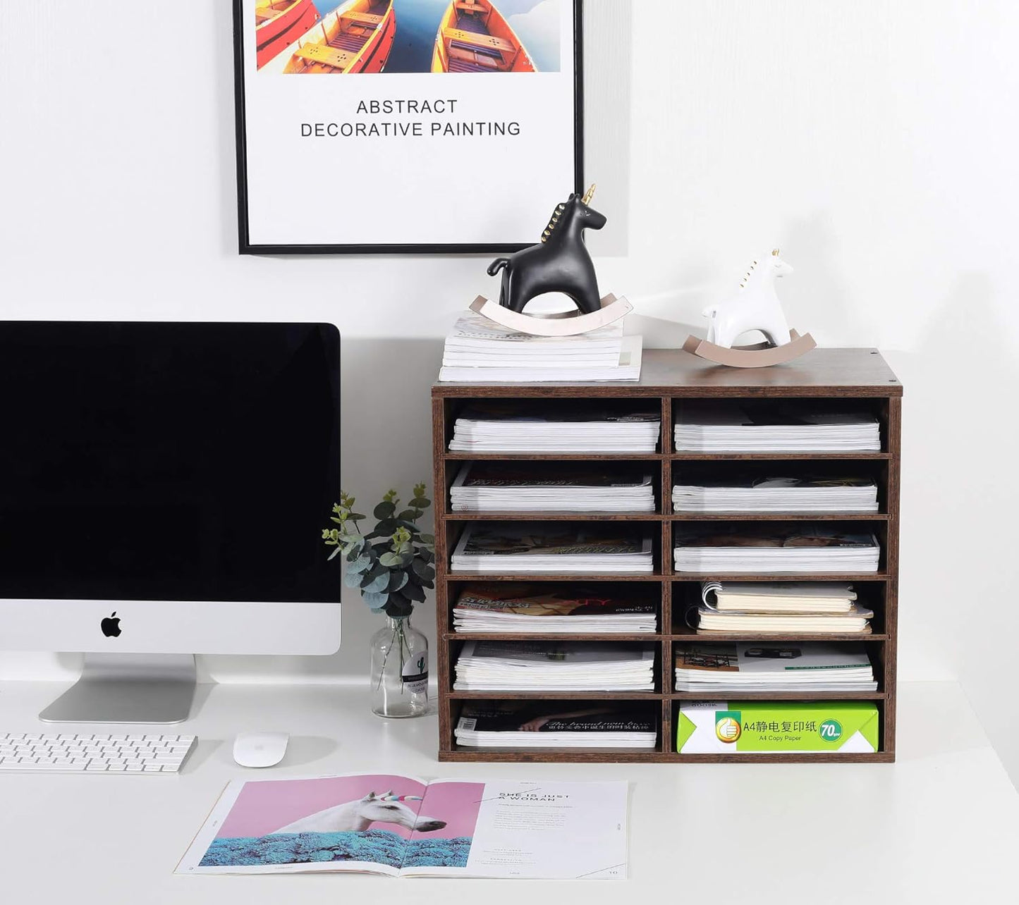 TQVAI Wood Adjustable Literature Organizer Desktop File Sorter Mail Center Paper Storage Cabinet Home & Office Mailbox School Classroom Keepers, 12 Slots Compartments, Archaize