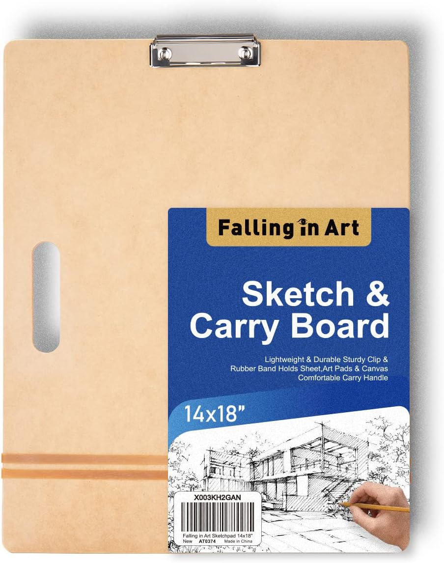 Falling in Art 14x18 Sketch Board, Drawing Tote Board for Artists with Sturdy Clip and Rubber Bands, Portable Art Clipboard for Classroom and Studio Drawing