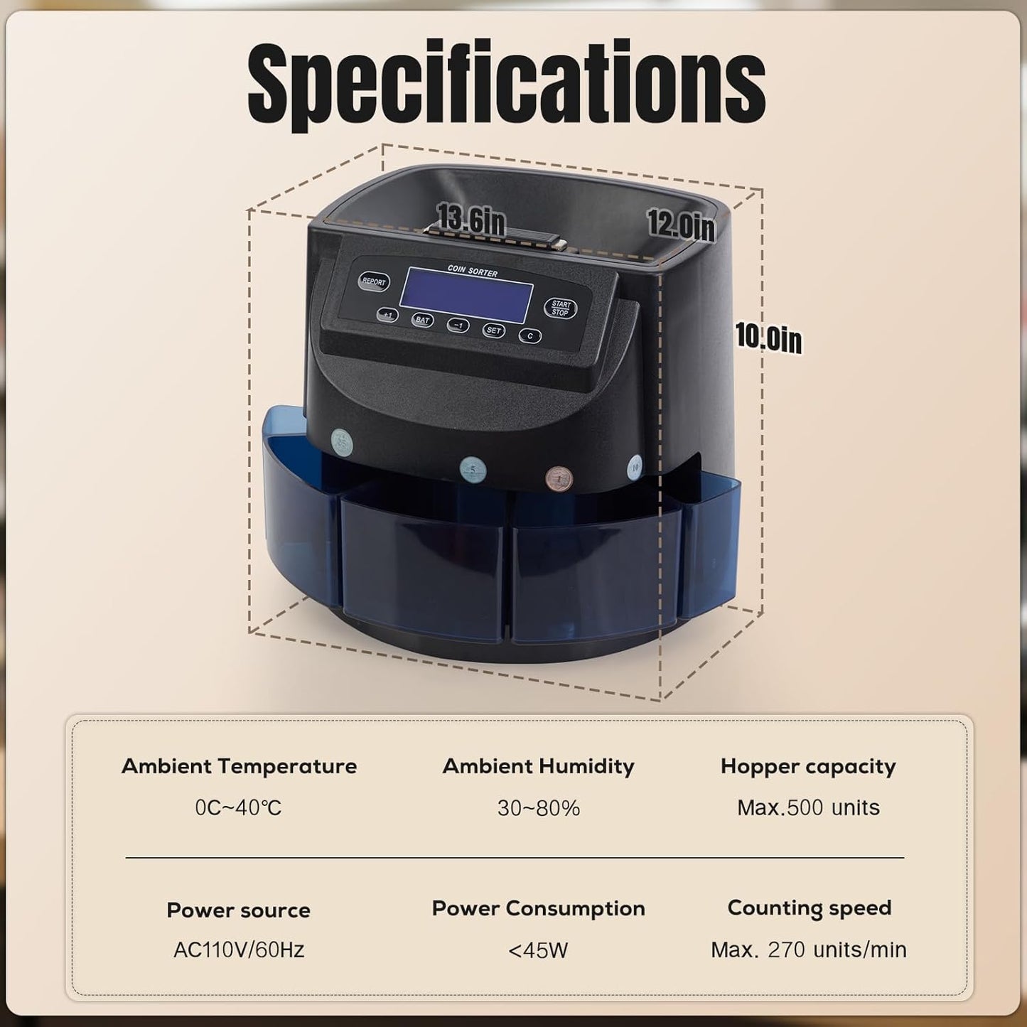 Coin Counter 300-Coin Capacity, USD Coin Sorter and Wrapper Machine Sort 270 Units/Min, Automatic Change Counter with LCD Display for 1￠ 5￠ 10￠ 25￠ $1, Included 5 Coin Bins & 5 Tubes & 5 Wrappers
