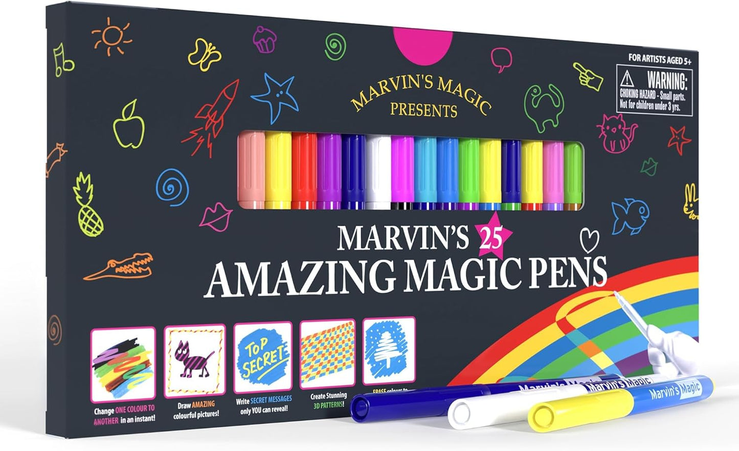 Marvin's Magic - Original x 25 Amazing Marker Pens - Color Changing Magic Pen Art - Create 3D Lettering or Write Secret Messages - Includes 25 Colour Changing Pens