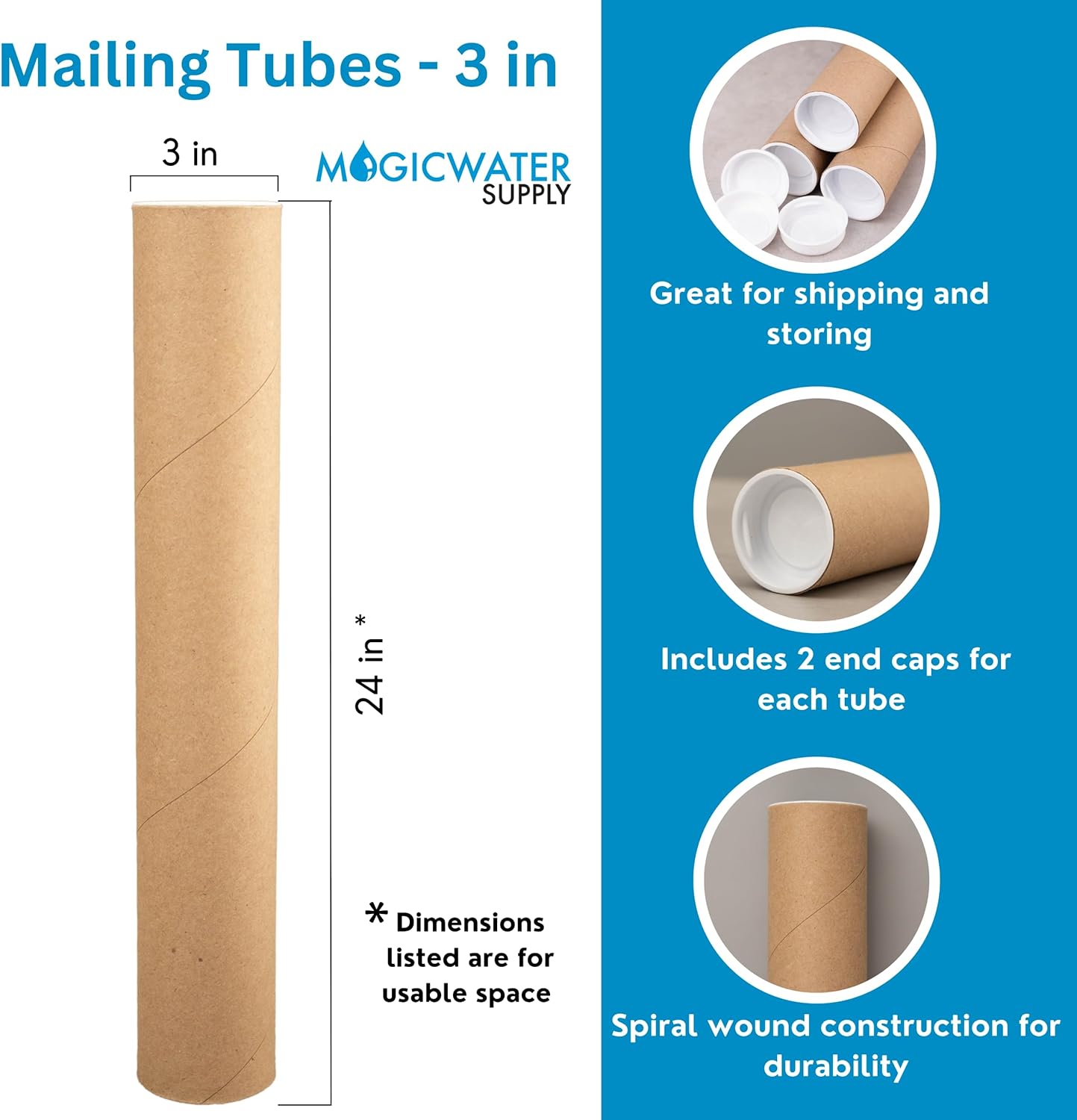 MagicWater Supply Mailing Tube - 3 in x 24 in - Kraft - 6 Pack - for Shipping and Storage of Posters, Arts, Crafts, and Documents