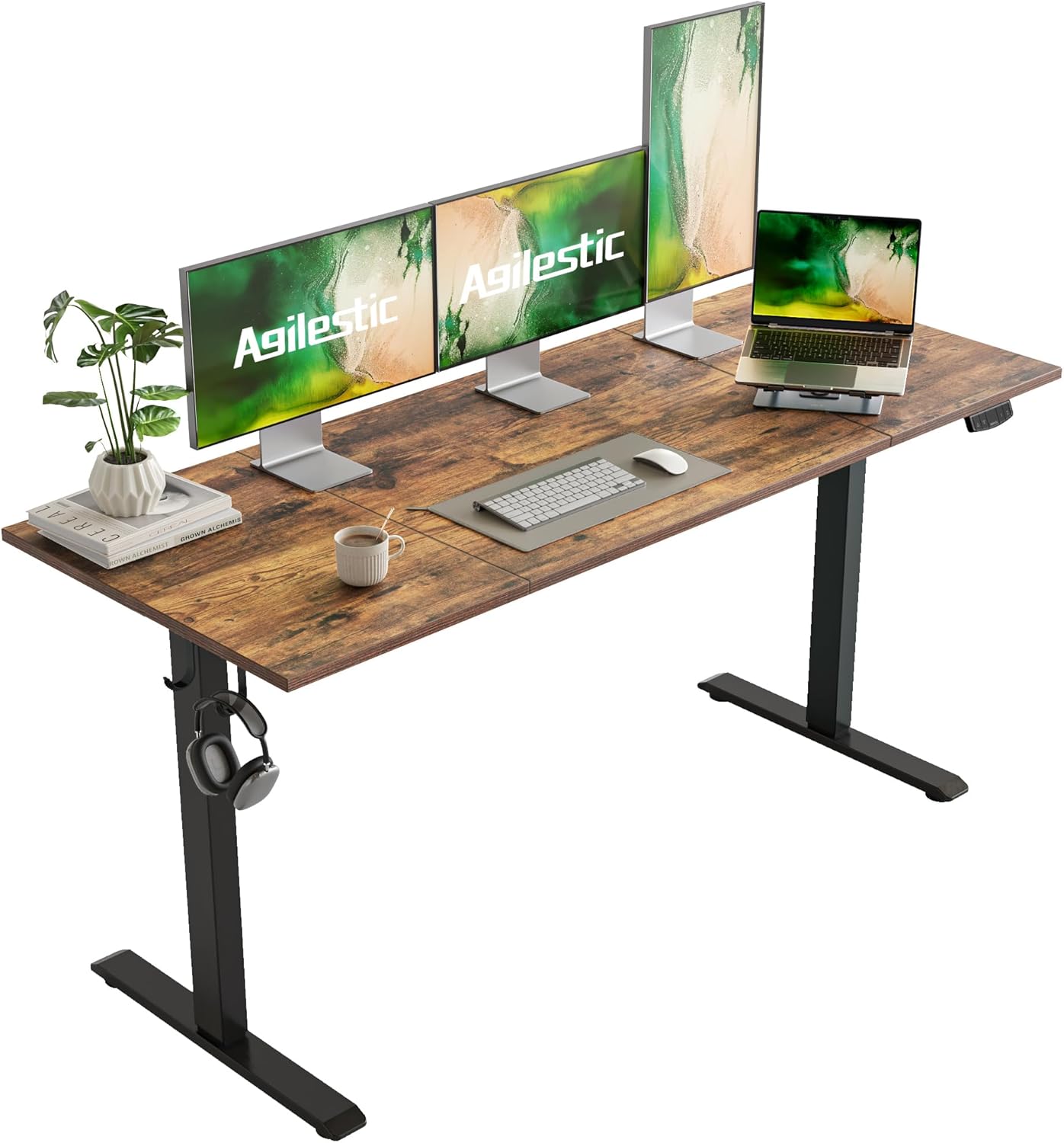 Agilestic Electric Standing Desk, Large 63 x 24 Inches Height Adjustable Desk, Sit Stand up Desk for Work Office Home, Splice Board, Rustic Brown