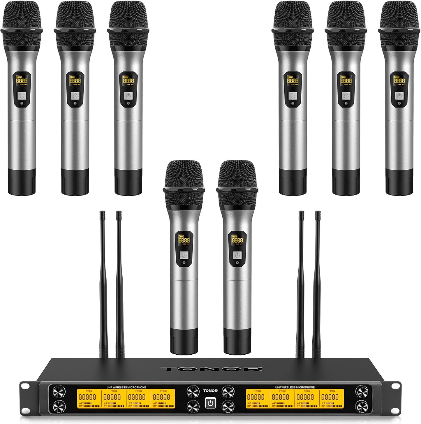 TONOR Wireless Microphone System, 12-Channel UHF Cordless Mic, 8 Handheld Metal Dyanmic Mic with Receiver, 295ft Range, 8x12 UHF Frequencies, Mic Mute, Ideal for Church Singing Karaoke Rehearse TW880