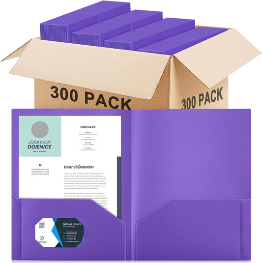 Gueevin 300 Pcs Plastic Folders with Pockets, Two Pocket Folder Fit 8.5 x 11 Inch Letter Size Paper, Heavy Duty School Folders Business Card Holder for Home Office School Bussiness (Purple)