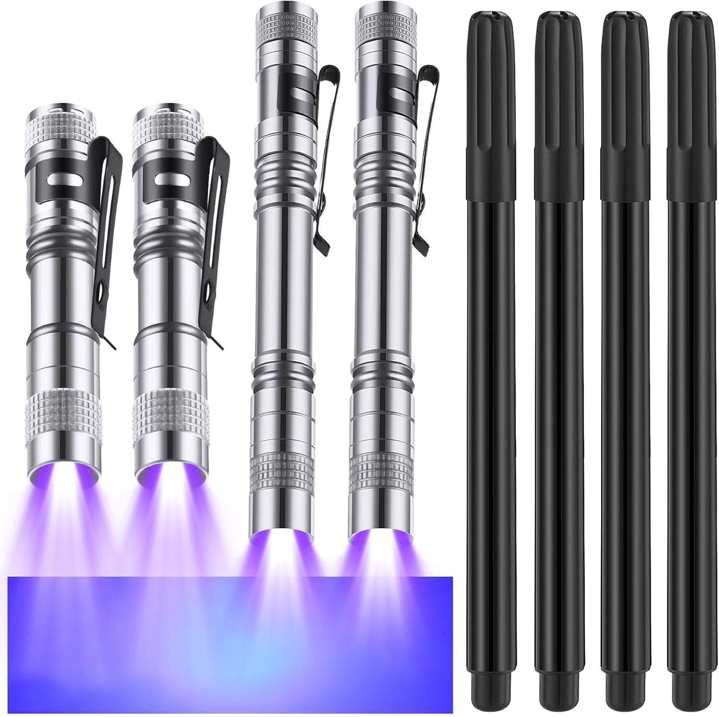 Tegeme 8 Pcs Black Light Markers Set 4 Invisible Ink Pen 4 Mini UV Flashlights Invisible Ink Marker Disappearing Pen for Class Prizes Spy Gift Party Favors(Silver and Black)