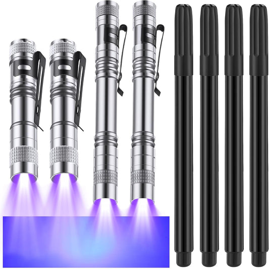 Tegeme 8 Pcs Black Light Markers Set 4 Invisible Ink Pen 4 Mini UV Flashlights Invisible Ink Marker Disappearing Pen for Class Prizes Spy Gift Party Favors(Silver and Black)