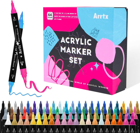Arrtx 64 Colors Acrylic Marker for Rock Painting, Dual-Tip Paint Markers, Art Supplies, Fabric Paint, Fabric Markers, Paint Pen, Art Markers, Waterproof Paint DIY Crafts Making
