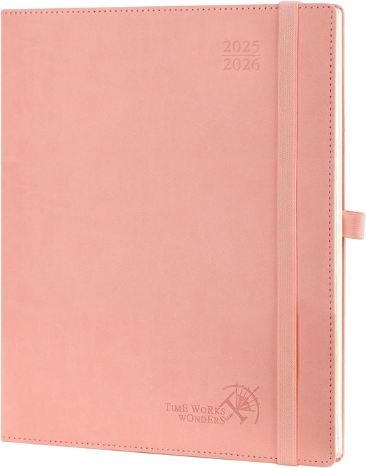 POPRUN Planner 2025-2026 (Large - 8.5'' x 10.5'') Academic Weekly Calendar (July 2025 - June 2026) with Hourly Time Slots, Monthly Tabs, 100GSM Thick Papers, Leather Soft Cover - Pink
