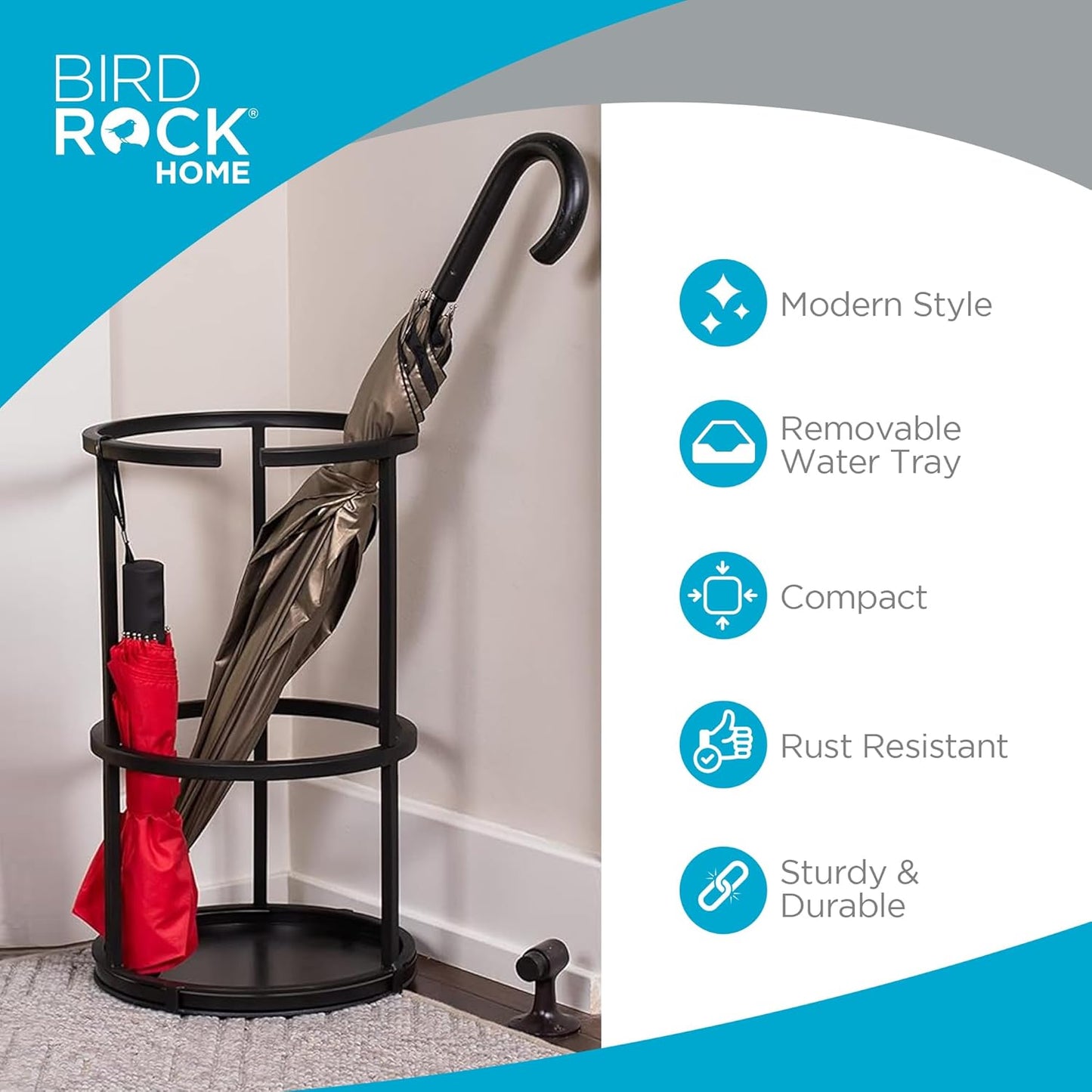 BIRDROCK HOME Circular Umbrella Holder with Removable Drip Tray - Stand for Umbrellas - Entryway - Decorative Metal Freestanding Rack Organizer - Cane Walking Stick Holder - Black