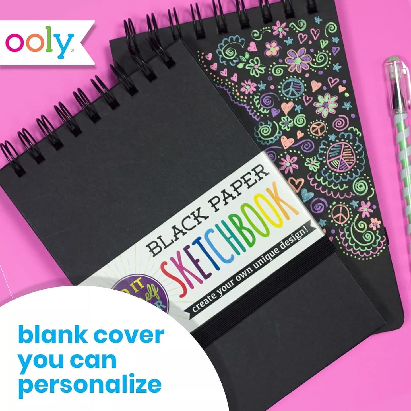 OOLY DIY Cover Small Sketchbook, 5 x 7.5 Inches, Black Paper Sketchbook, Drawing Book for Kids, Adults and Artists, Great Drawing Pad for Gel Pens, White Pencils, Back to School Supplies