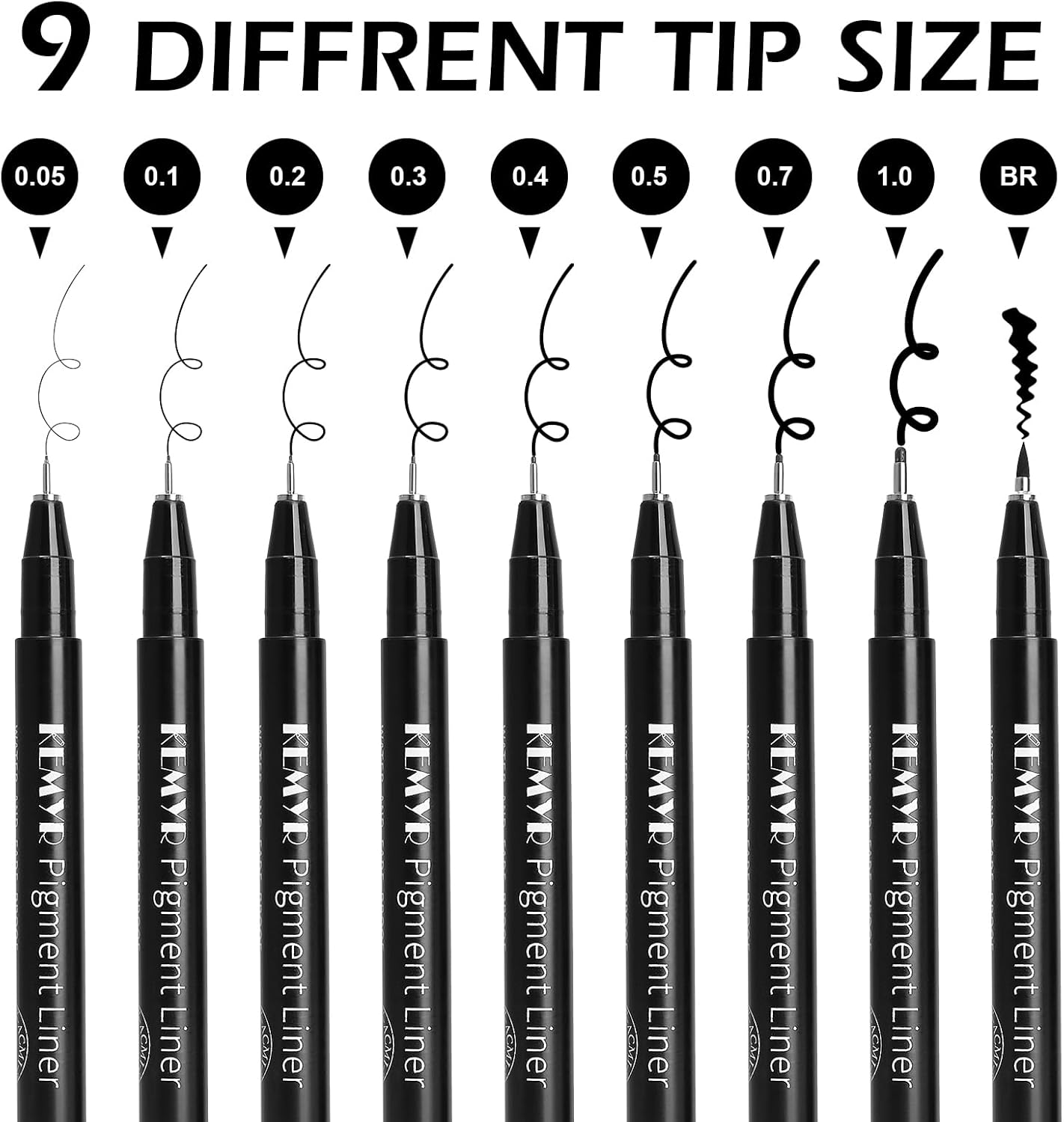 9 Micro Fine liner Drawing Art Pens Calligraphy Pens: 0.05mm-BR Size Black Art supplies Waterproof Archival Black Ink Markers For Artists,Use for Professional Watercolor,Sketching
