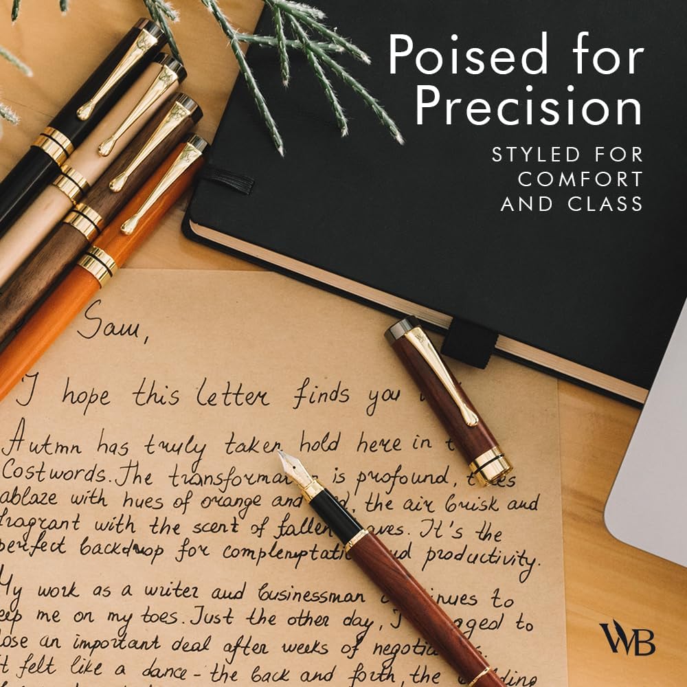 Wordsworth & Black Fountain Pen Set, Luxury Bamboo Wood - Extra Fine Nib, Gift Case; Includes 6 Ink Cartridges, Ink Refill Converter -Journaling, Calligraphy; Drawing, Smooth Writing [Cherry Wood]
