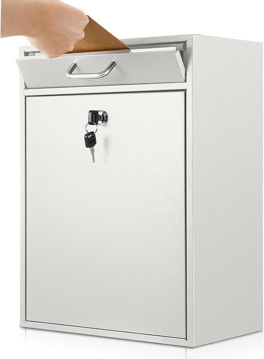 Locking Mailbox with Key for Outdoor 18 x 15 x 7 Inches Large Wall Mount Mail Box with Lock Security Mail Drop Metal Collection Boxes Hanging Secure Postbox(Creamy White)