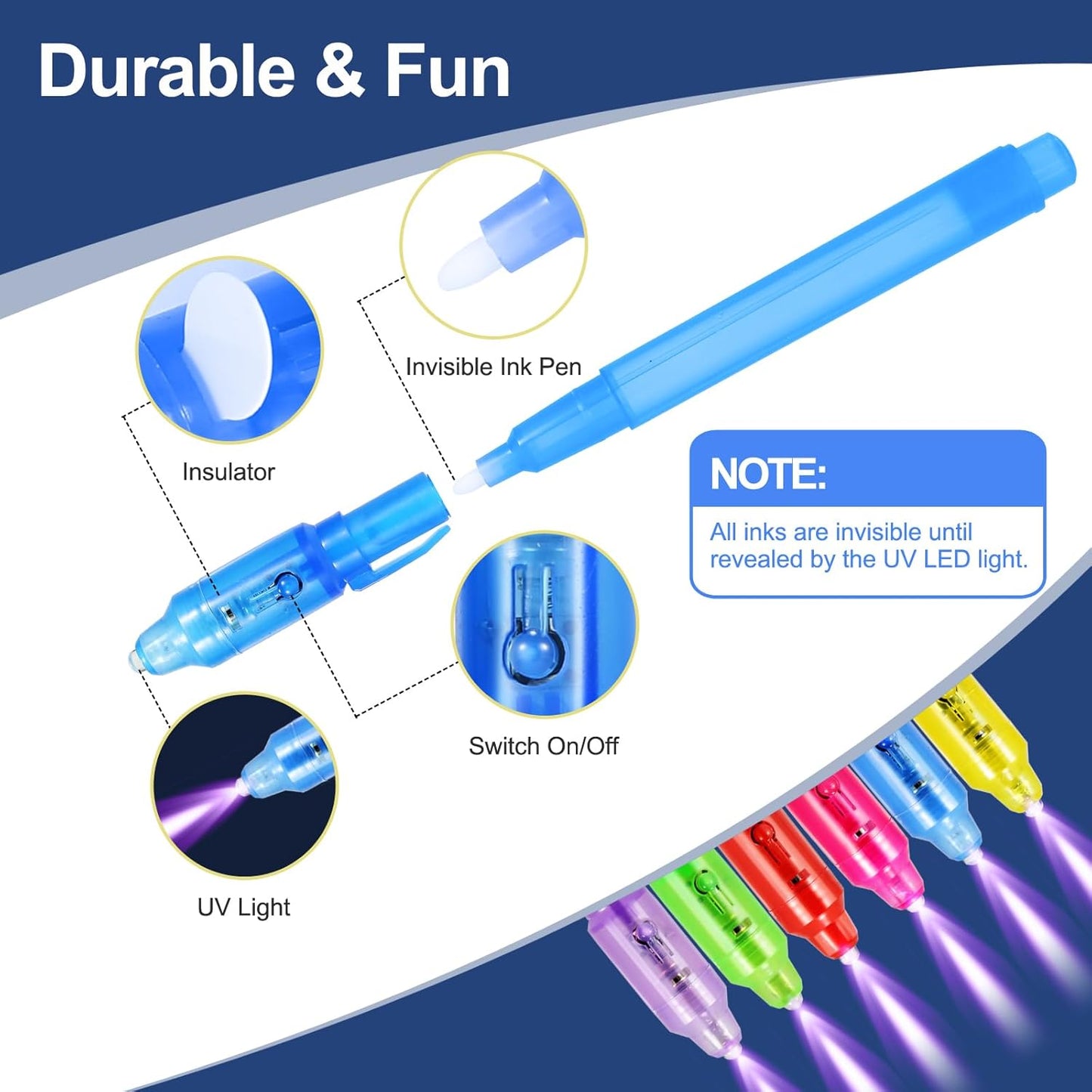 10 Pcs Invisible Ink Pens with UV Led dark light, Word Search & Maze Activities Cards and Bags Included, End of School Year Gift, Fun for Kids' Birthday, Halloween, Christmas, Goodie bag stuffers