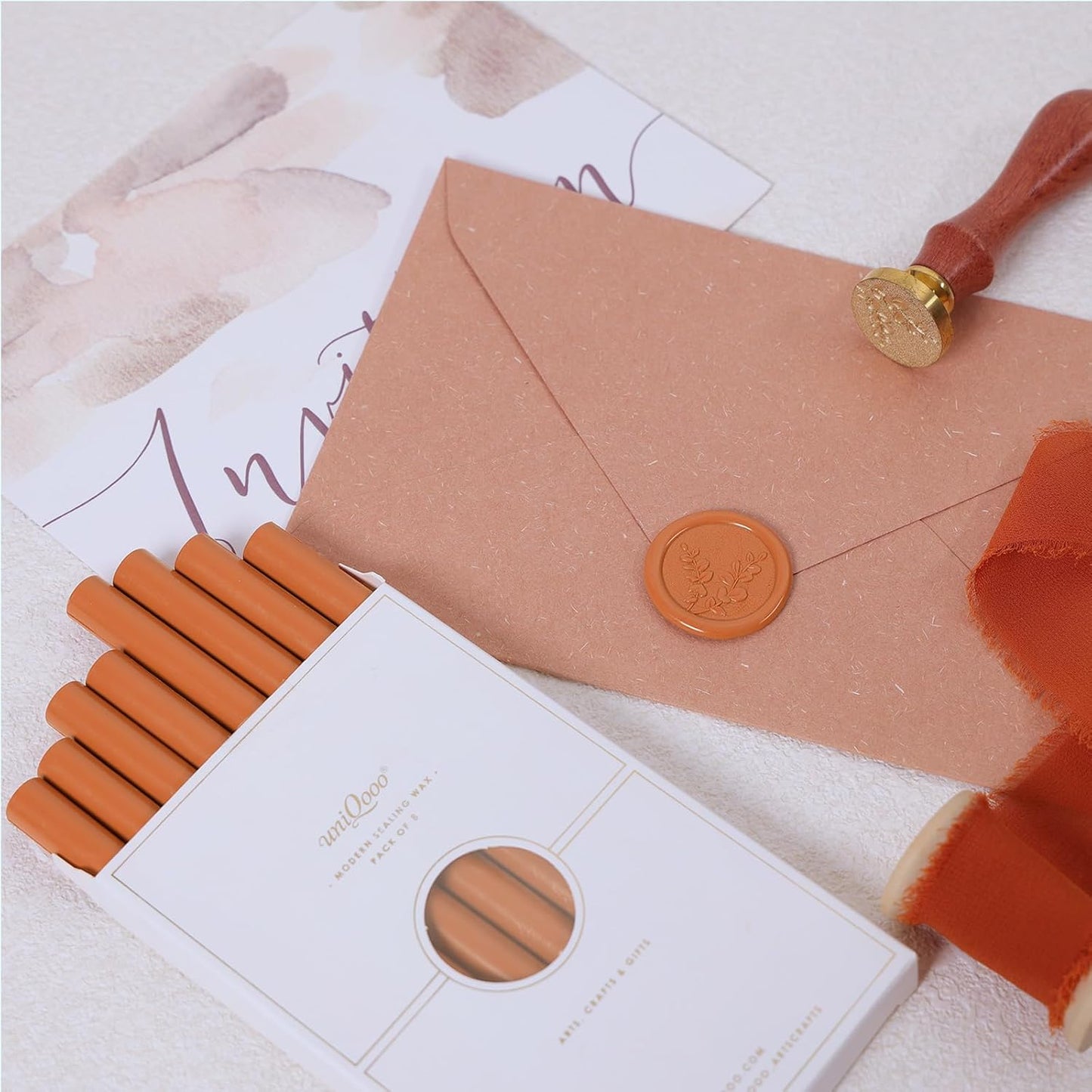 UNIQOOO Rust Orange Sealing Wax Sticks for Wax Seal Stamp - Perfect for Wedding Invitations, Cards Envelopes, Snail Mails, Wine Packages, Christmas Gift Ideas, Pack of 8