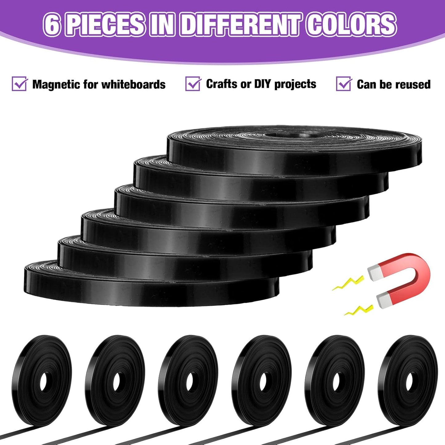 6 Rolls Magnetic Tape Roll Thin Strips, 33 ft Magnetic Whiteboard Graphic Decorative Tape Marking Line Magnet Board Dividers for Classroom Office Art Accessories(Black,0.39 Inch)