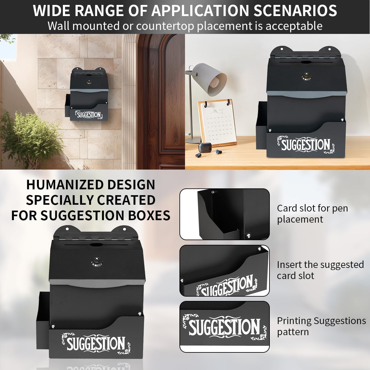 Metal Suggestion Box with Suggestions Lettering, Wall-Mounted&Tabletop With Lock Pen Holder Suggestion Cards*50pcs for Fundraising Comment Voting Prayer Money Drop Donation 8.46×5.9×6.96"