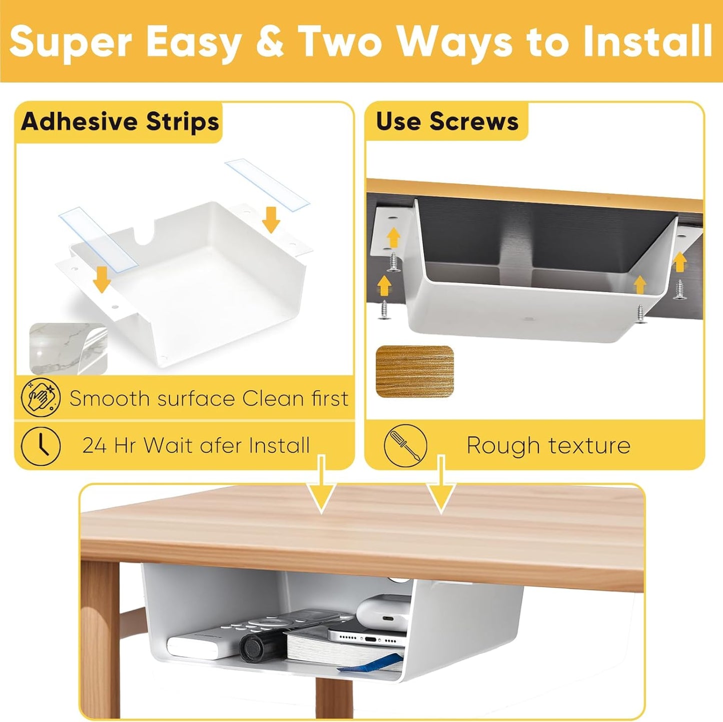 4 Pack Under Desk Hanging Shelf Drawer Organizer, Attachable Plastic Hidden Storage Tray, Easy Adhesive Mount Holder for Standing Tables, Office, Counters, Cabinets, Workstations - White