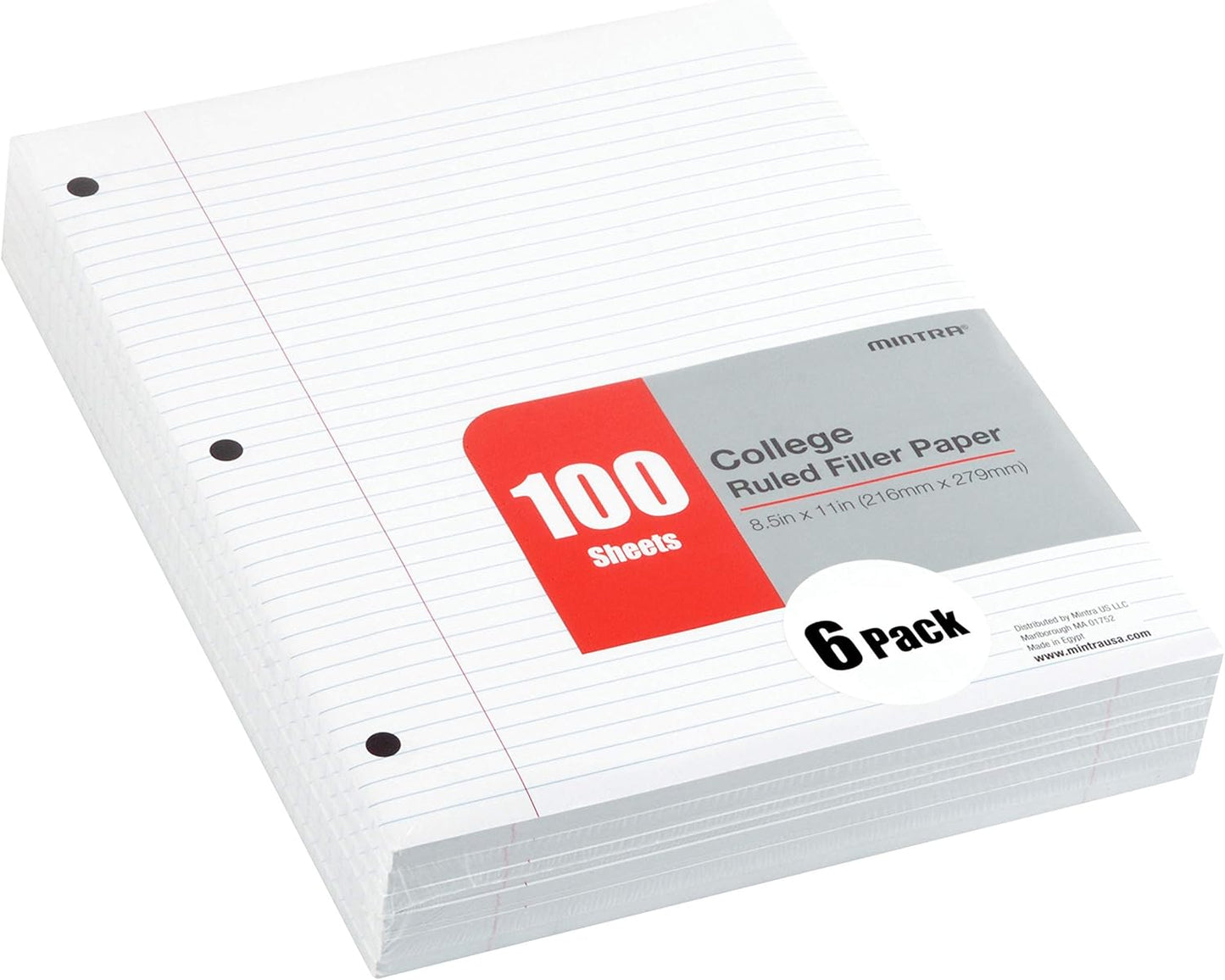 Mintra Office Filler Paper (College Ruled, 600 Sheets (6pks of 100)) - for 3-Ring Binder, Notepaper, Loose leaf filler paper, punched, bulk pack