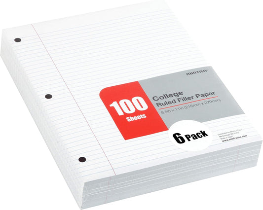 Mintra Office Filler Paper (College Ruled, 600 Sheets (6pks of 100)) - for 3-Ring Binder, Notepaper, Loose leaf filler paper, punched, bulk pack