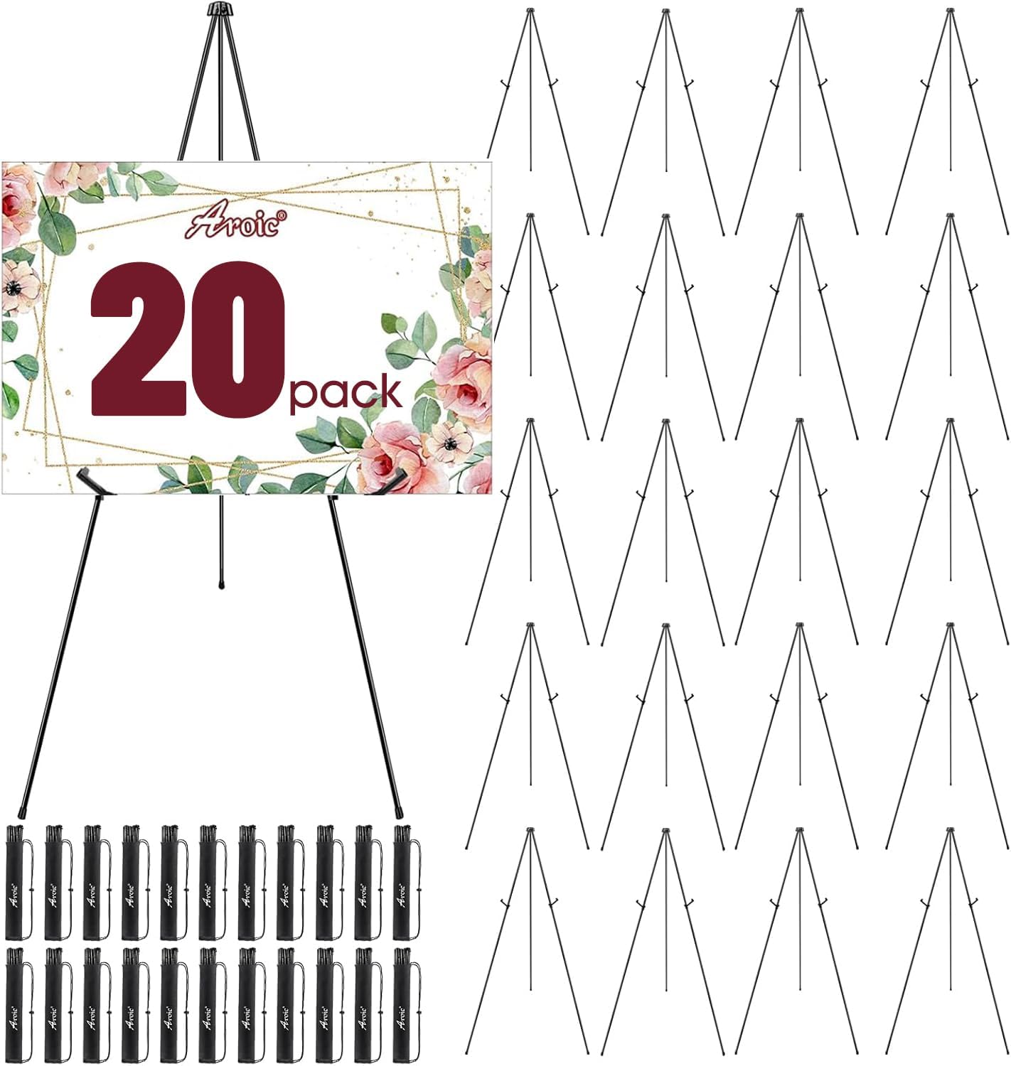 AROIC 63 "Easel Stand for Display, 20 Pack Portable Foldable Metal Easel, Easels for Signs Wedding Logos,Arts, Painting,Adjustable Floor Easels with 20 Storage Bag