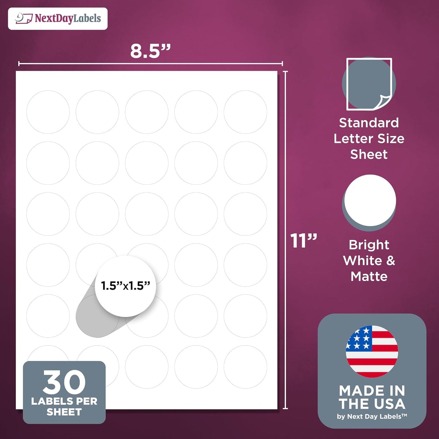 NextDayLabels 1.5 Inch Round Label Matte White, Blank Laser/Inkjet Printer Label Circle Sticker (750 Labels, 25 Sheets of 30)