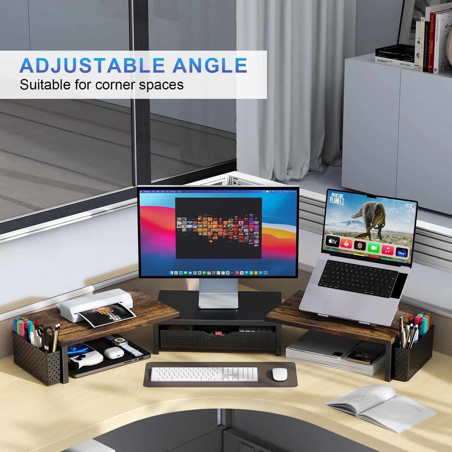 gianotter Dual Monitor Stand Riser, Desk Organizer With Drawer and 2 Pen Holders,Computer Monitor Stand, Desk Shelf for Top of Desk, Wood