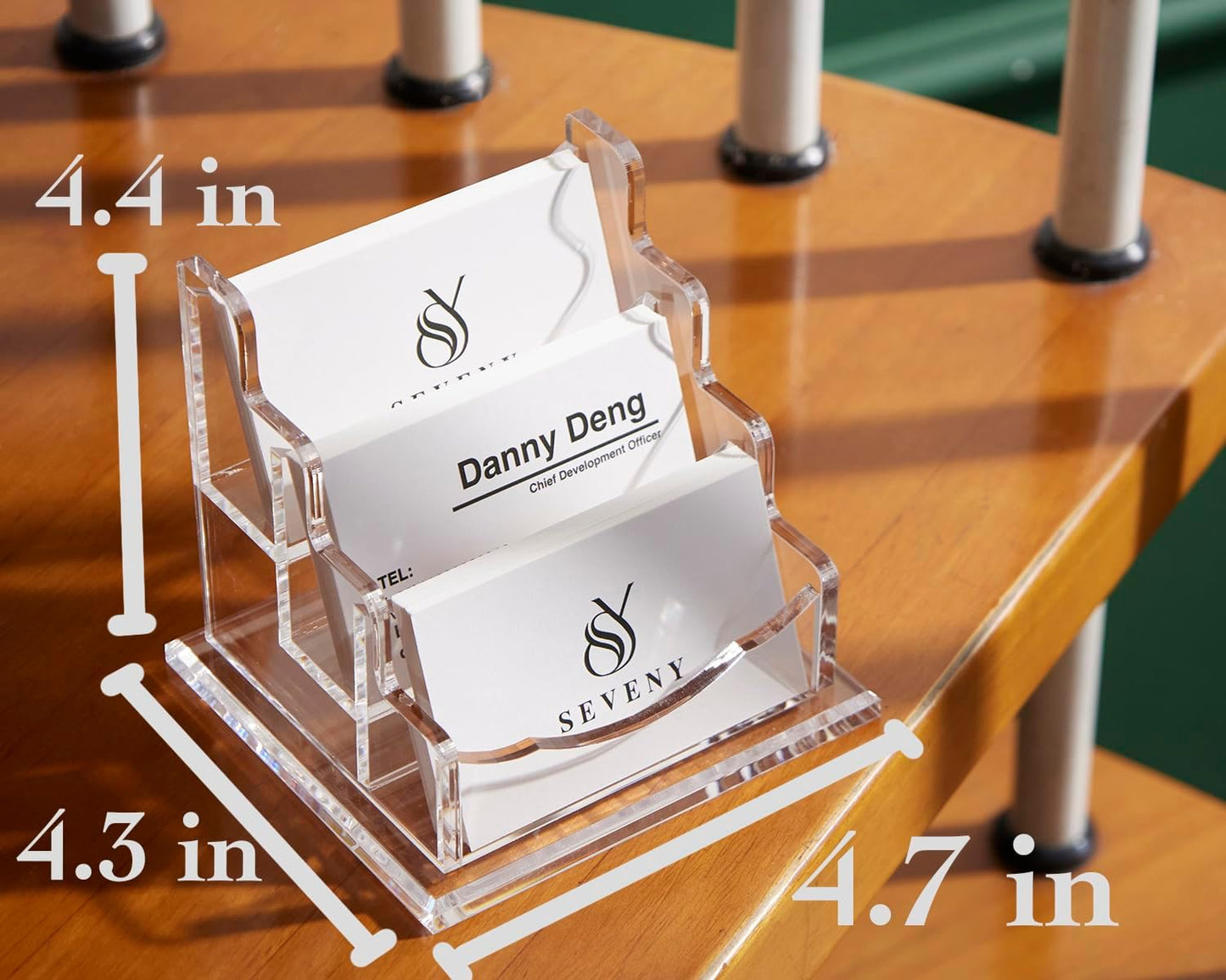 SEVENY Business Card Holder, Clear Acrylic Cards Organizer Stand for Men and Women, Business Cards Case Rack 1 Pack, Holds 180 Cards-3 Slot