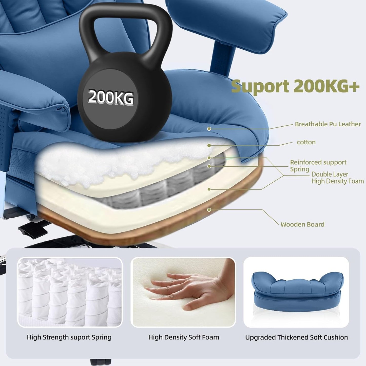 Efomao Big and Tall Office Chair with Footrest – High Back Computer Chair with Adjustable Armrests，Executive Office Chair with Wide Seat, Modern Desk Chair for Home Office, Gaming, or Study, Blue