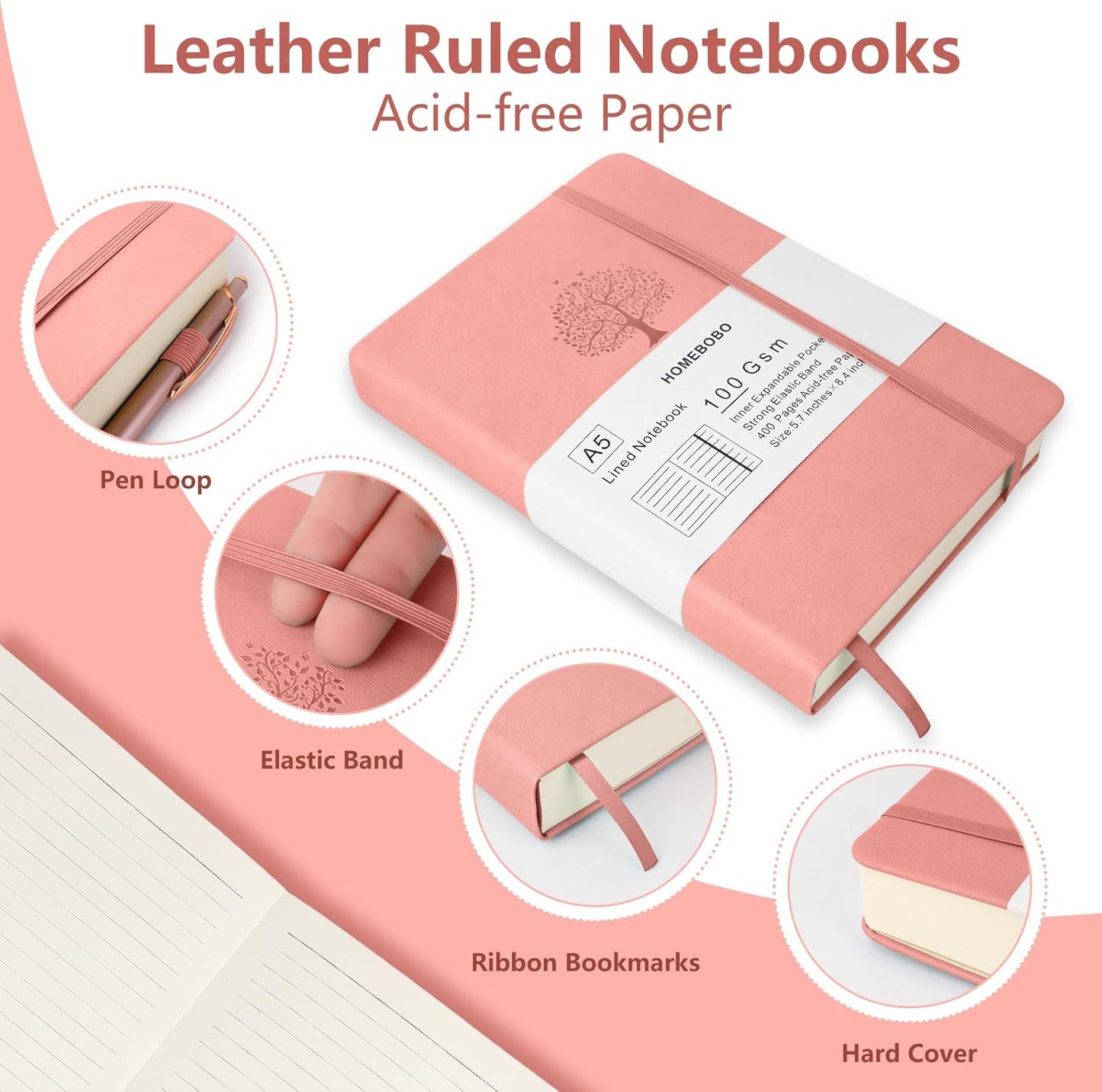Journals for Writing, A5 Leather Ruled Notebook with 400 Pages, 100 Gms College Ruled Journal with Thick Paper, Hardcover with Inner Pocket & Pen Holder, Pink