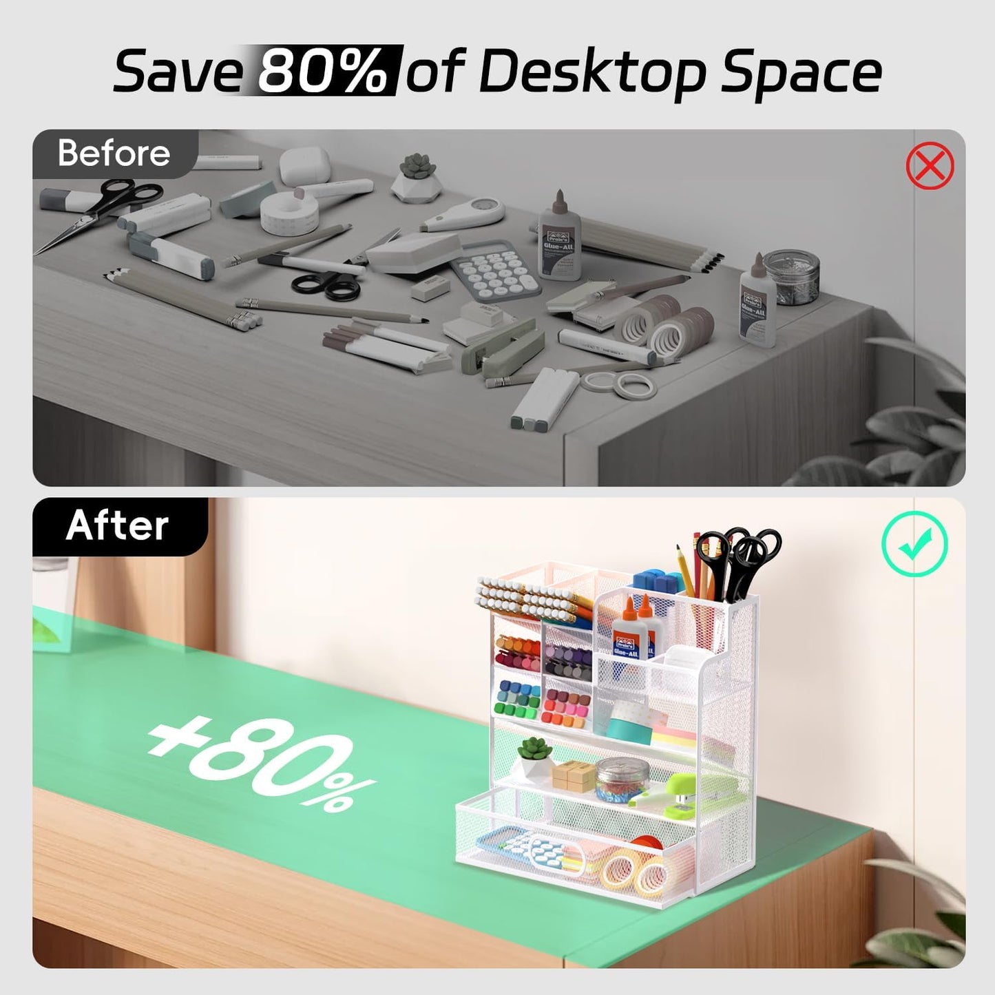 Mesh Pen Organizer for Desk, Multi-Functional Pencil Holder with Drawer Desk Organizers, Large Capacity Storage for School Office Home Supplies (White)