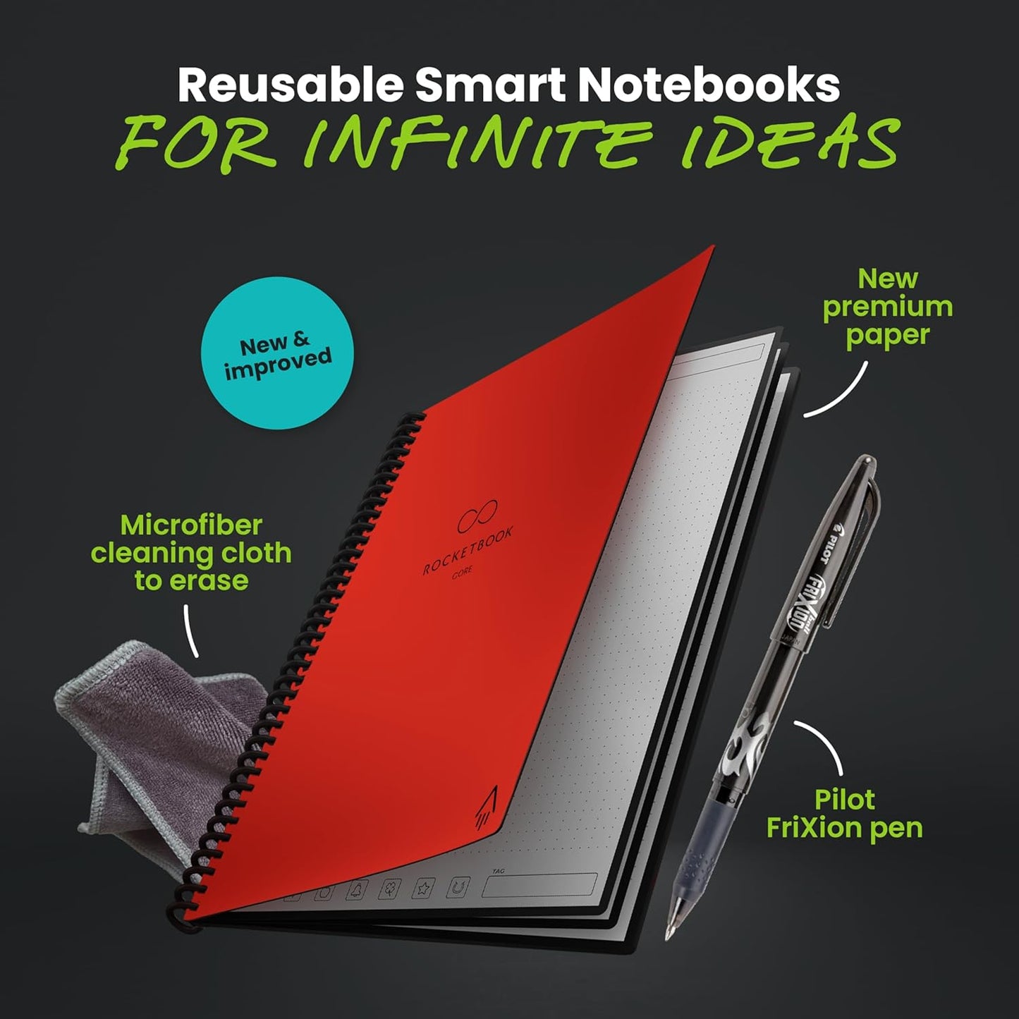 Rocketbook New Core Reusable Spiral Notebook, Executive Size 6x8.8, Red - Dotted Pages, App-Connected, Erasable, Durable Cover, Ideal for School, Work, and Creative Projects