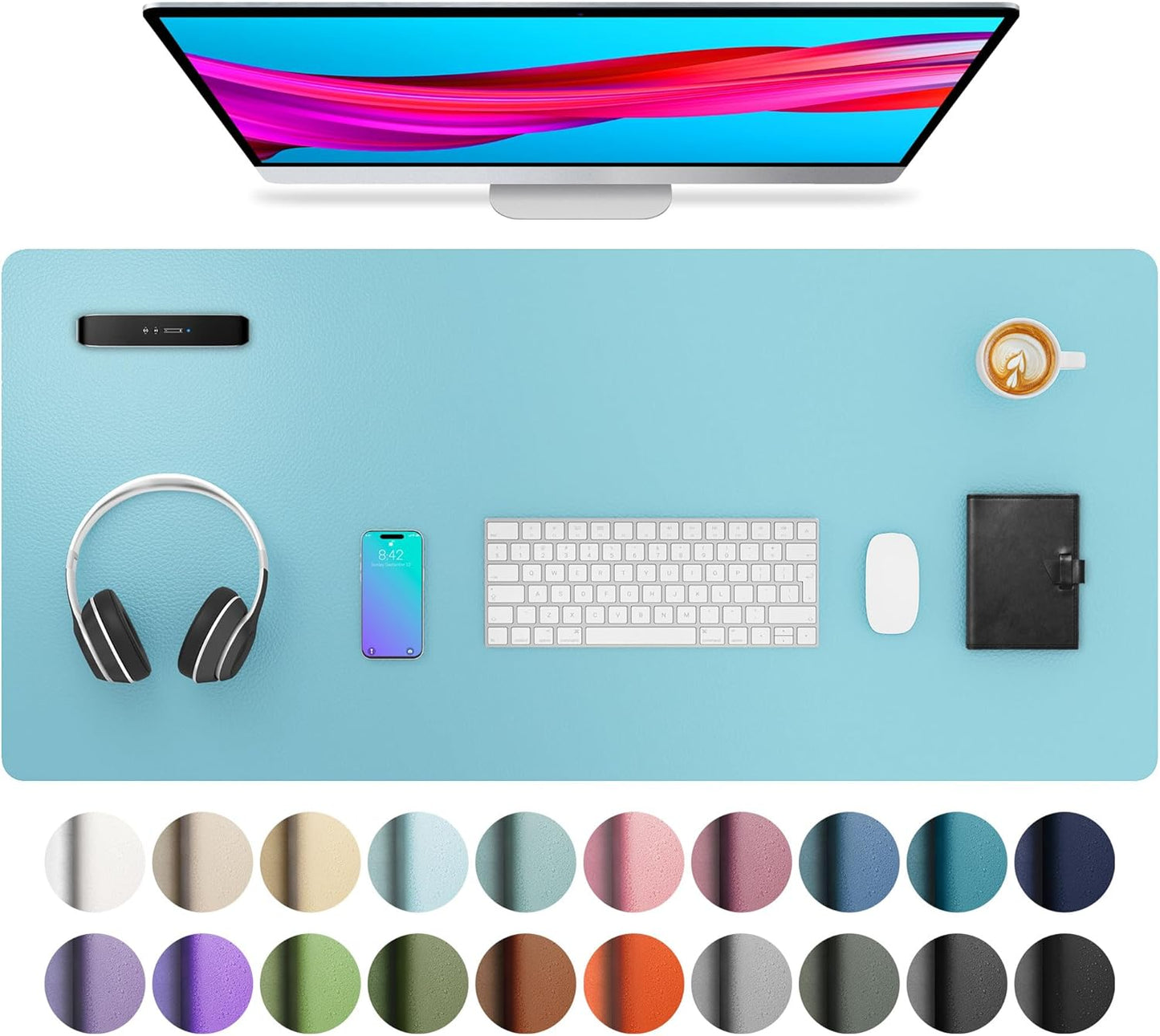 Aothia Large PU Leather Desk Pad Protector – Non-Slip Mouse Pad & Writing Mat for Office/Home, Waterproof, Easy to Clean(36" x 17", Blue Topaz)