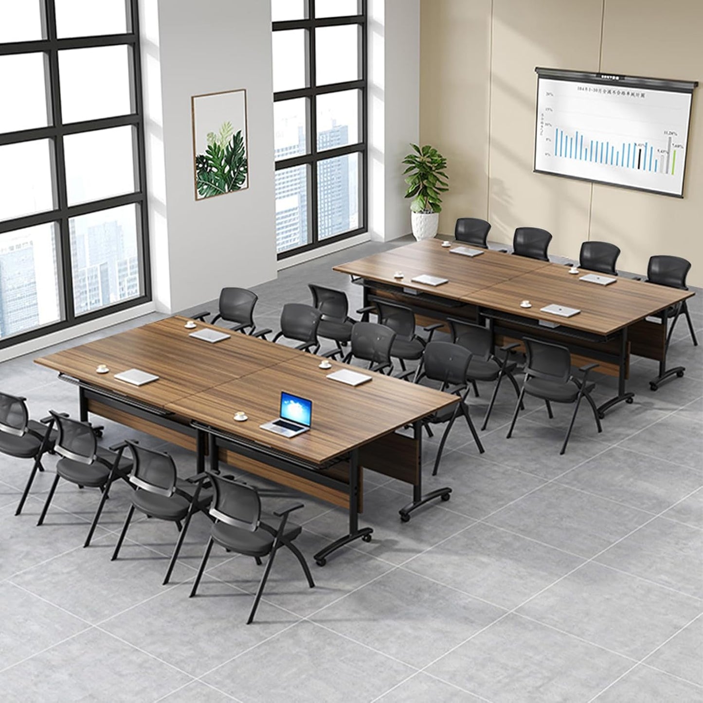 Folding Conference Table, Modern Large Conference Room Tables with Flip-Top Design, Foldable Conference Table Meeting Table with Wheels, Mobile Seminar Training Tables for Office Classroom (2, Walnut)