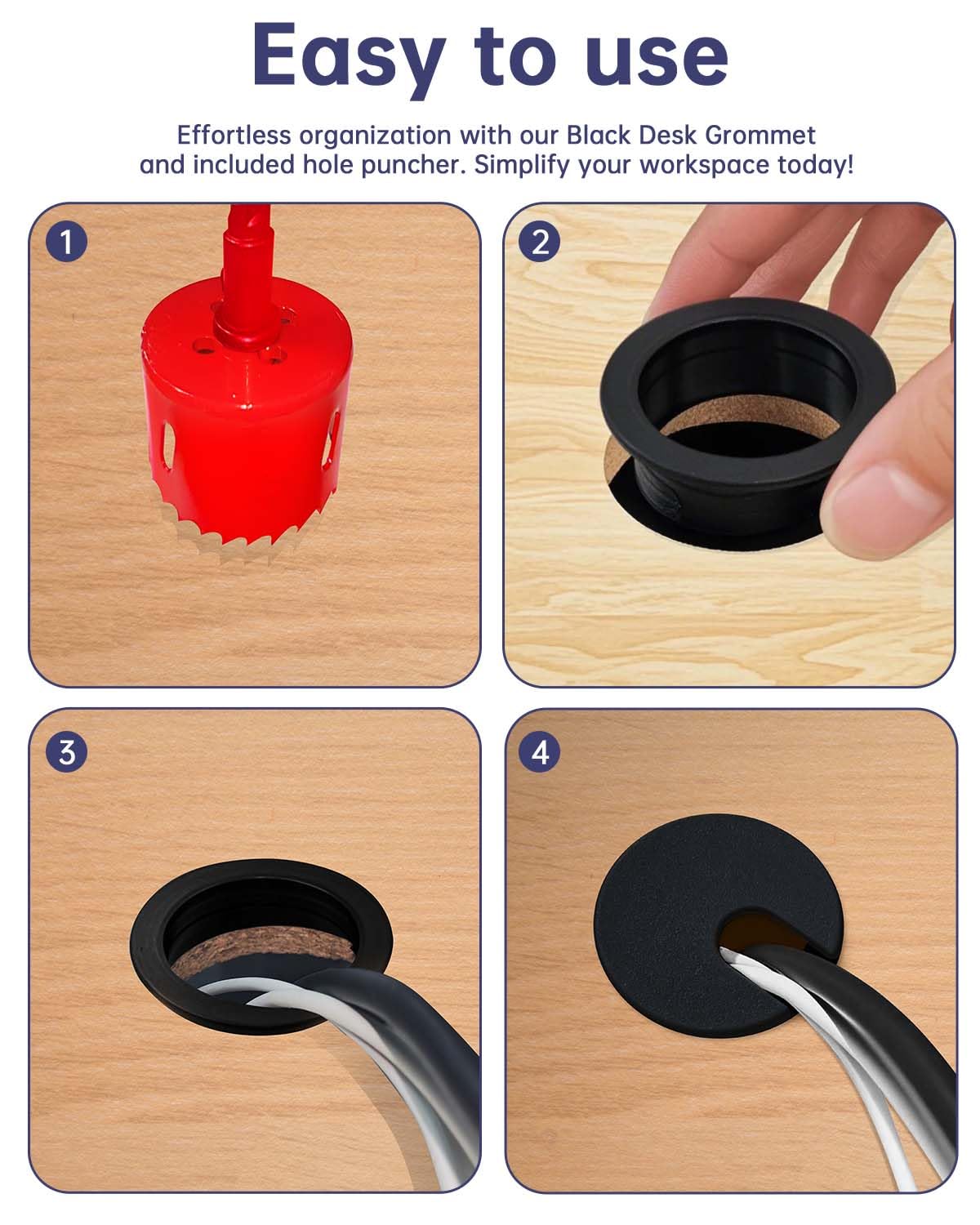 Desk Grommet & Cable Grommet 1-3/8 Inch (10 Pack) - Black Cord Hole Cover with Hole Cutter - Cable Management Kit for Office Desk, TV Stand, Workstation - Hide Wires Behind Wall, Cable Pass Through