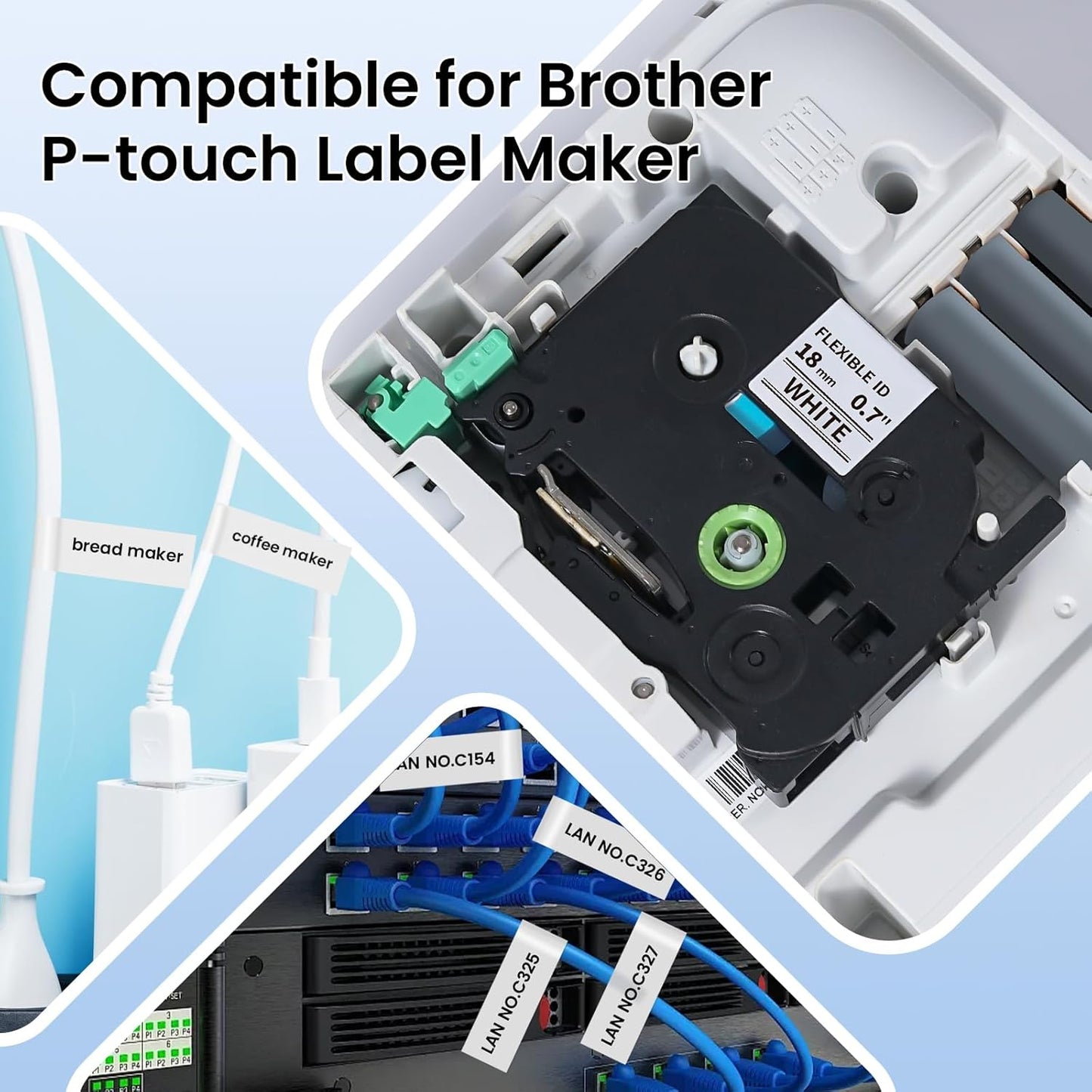 TZe-FX241 Flexible ID Laminated 18mm 0.7 Laminated White Cable Wire Labels Compatible with Brother P Touch for Wire Wrapping and Flagging, 26.2FT/8M for D400/D410/D600/Label Maker Tape, 4 pk