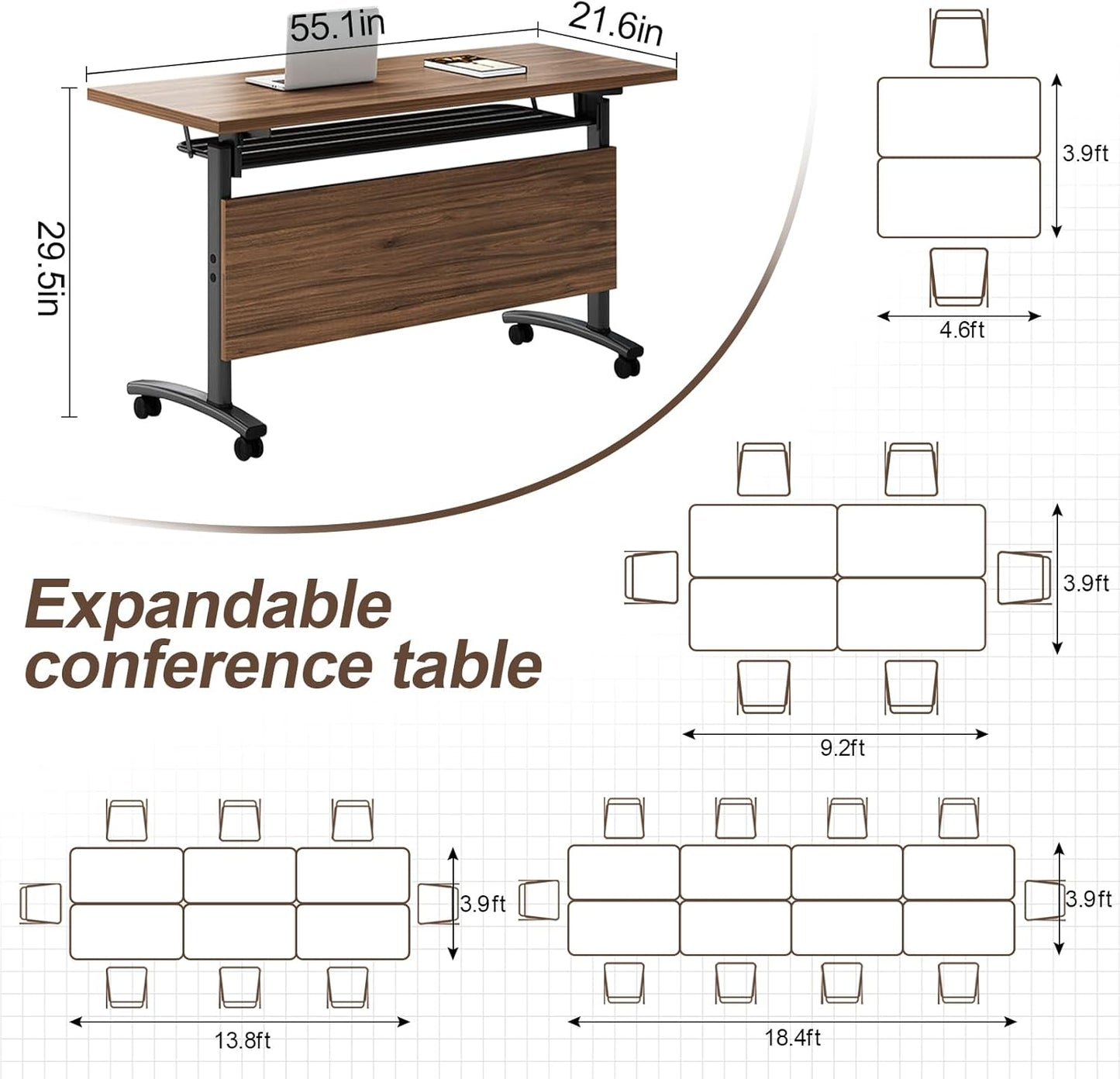 Folding Conference Table, Modern Large Conference Room Tables with Flip-Top Design, Foldable Conference Table Meeting Table with Wheels, Mobile Seminar Training Tables for Office Classroom (2, Walnut)