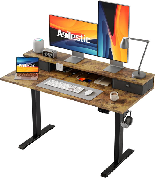 Agilestic Electric Standing Desk with 2 Drawers, 48 x 23 Inches Height Adjustable Desk, 2 Fabric Drawers, Rustic Brown
