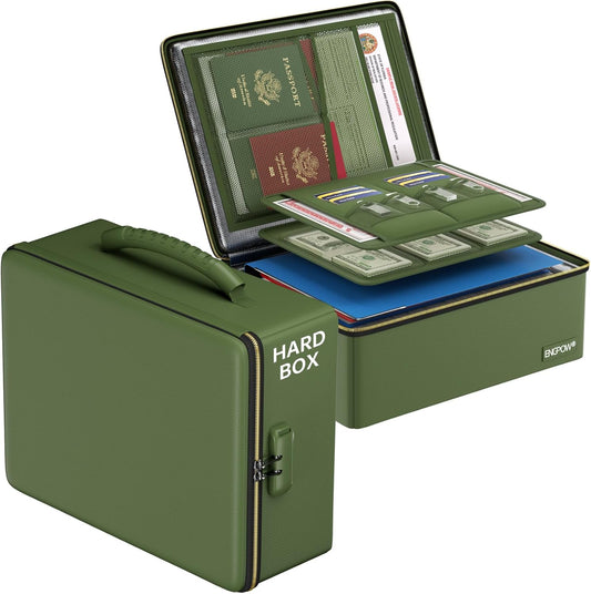 ENGPOW Fireproof Document Box, Hard Fireproof Box with Fireproof Zipper＆Lock, 6400°F Heat Insulated Fireproof Water Resistant File Organizer Storage Box Safe for Important Documents,Valuable,Green