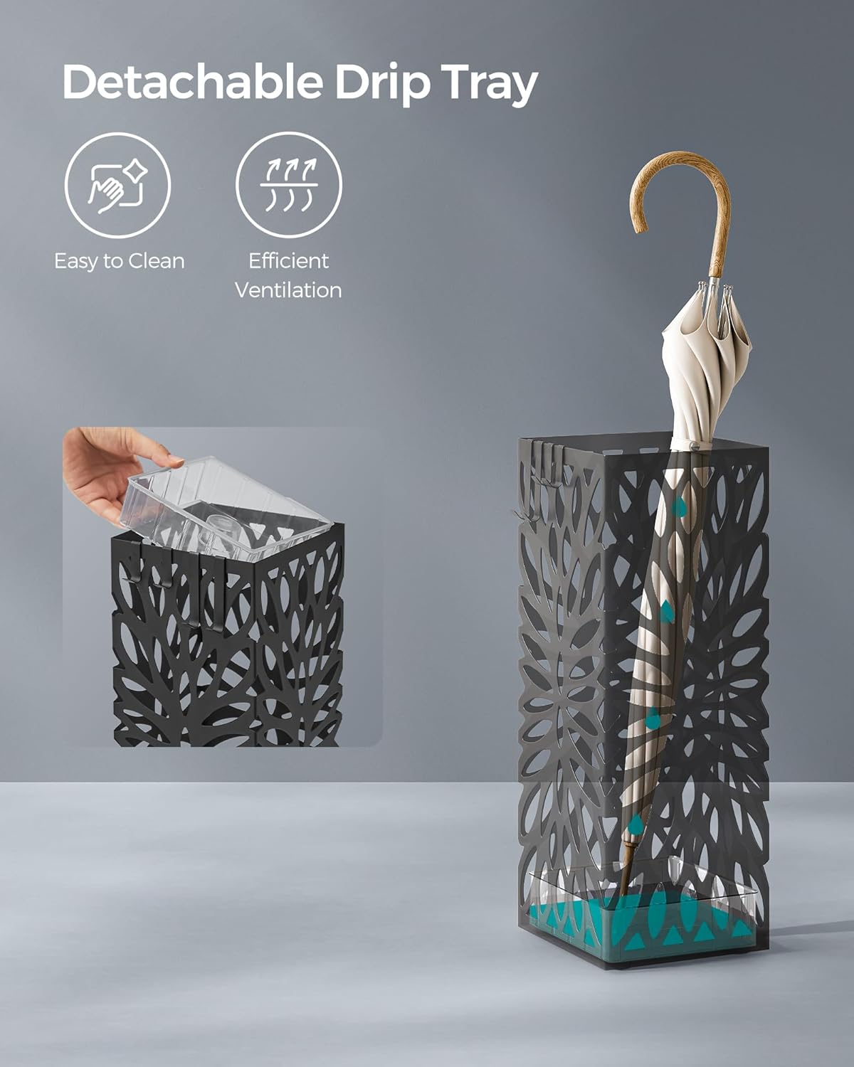 SONGMICS Umbrella Stand, Umbrella Holder for Entryway, Steel Square Umbrella Rack Organizer Freestanding, for Canes Walking Sticks, with a Detachable Drip Tray, 4 Hooks, Black ULUC026B33