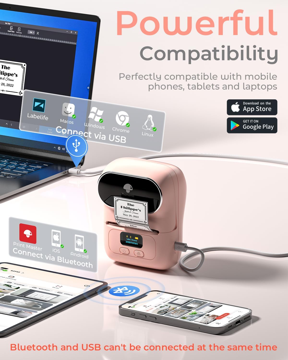 Phomemo Label Printer - M110 Thermal Label Printer Barcode Label Maker Mini Bluetooth Sticker Printer for Small Business, Home, Office, Logo, Address, Name Tag, Clothing, Organizing, Pink