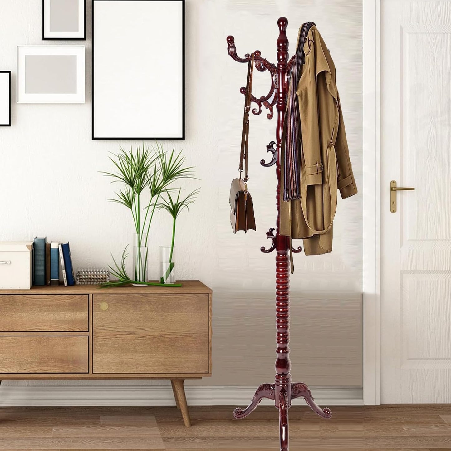 Coat Racks Free Standing with 14 Hooks, Natural Wood Coat Stands for Entryway, Adjustable Height 73 in Tree Coat Rack Stand for Hallway Home Office Bedroom (Mahogany triangle)