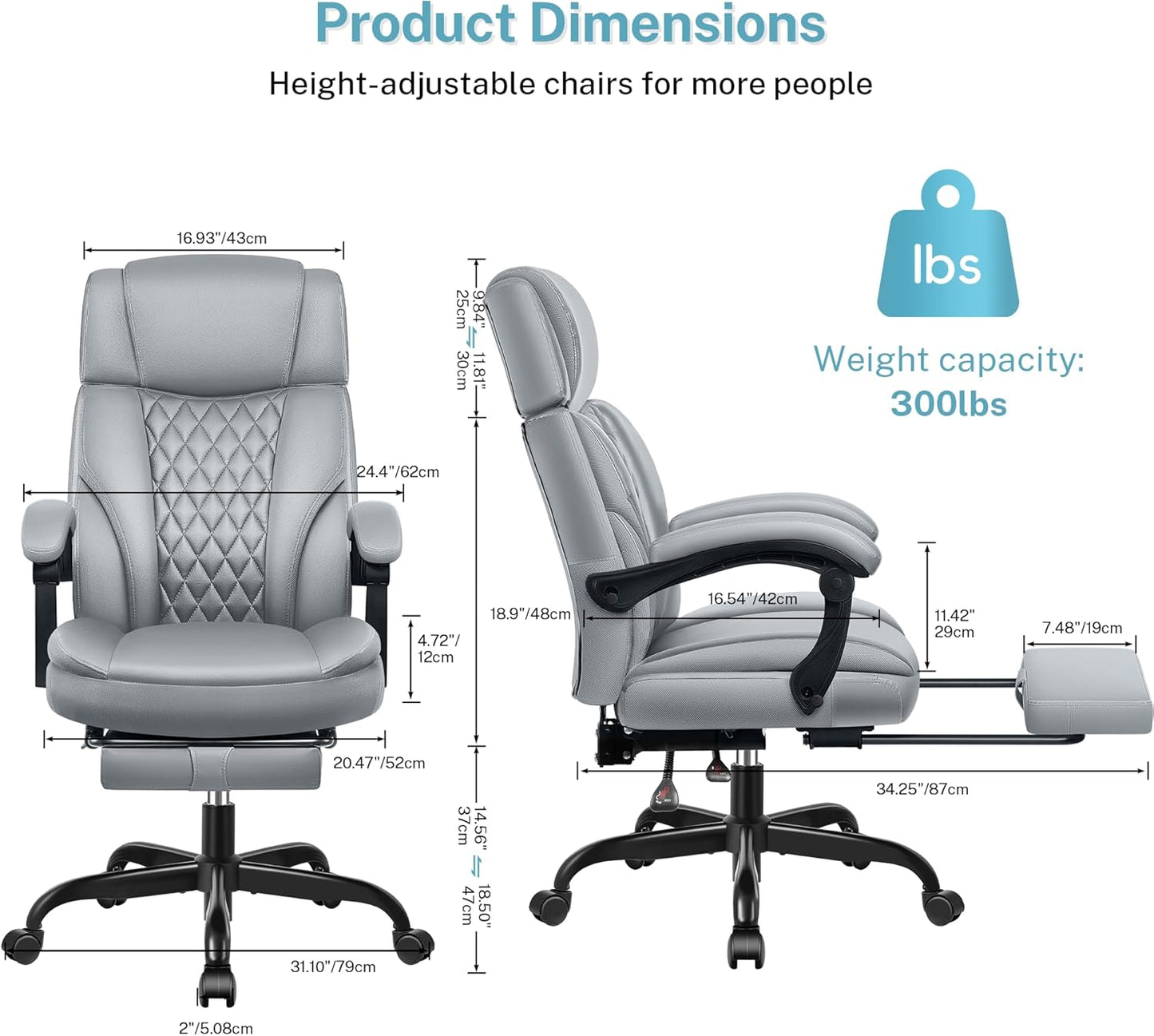 Executive Leather Office Chair, Big and Tall Desk Chair with Footrest Home Office Desk Chairs, Ergonomic Computer Desk Chair with Lumbar Support, Reclining Chair with Adjustable Angle