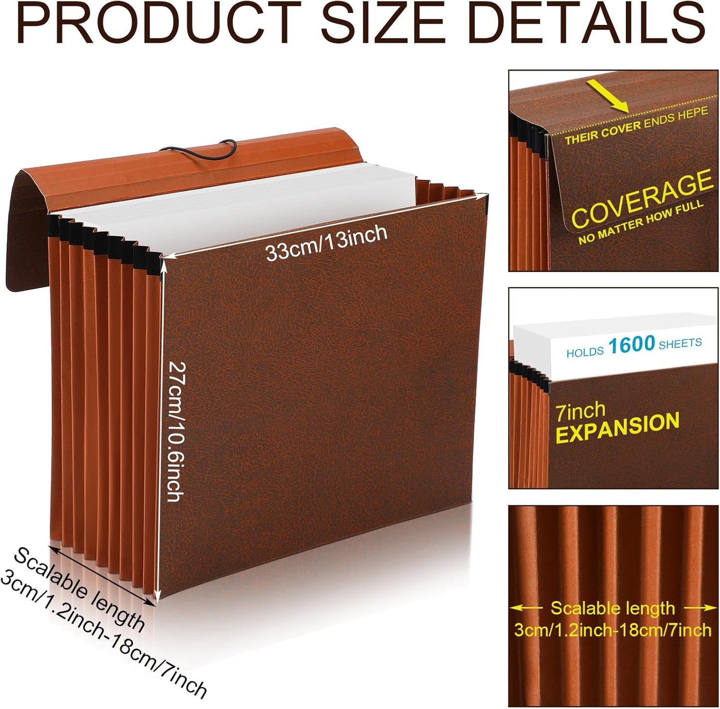 PerKoop 5 Pcs Expanding File Folder with Flap 7 Inch Expansion Expanding File Wallet with Elastic Cord Closure Letter Size Heavy Duty Document Organizer, 10 Slots, Brown