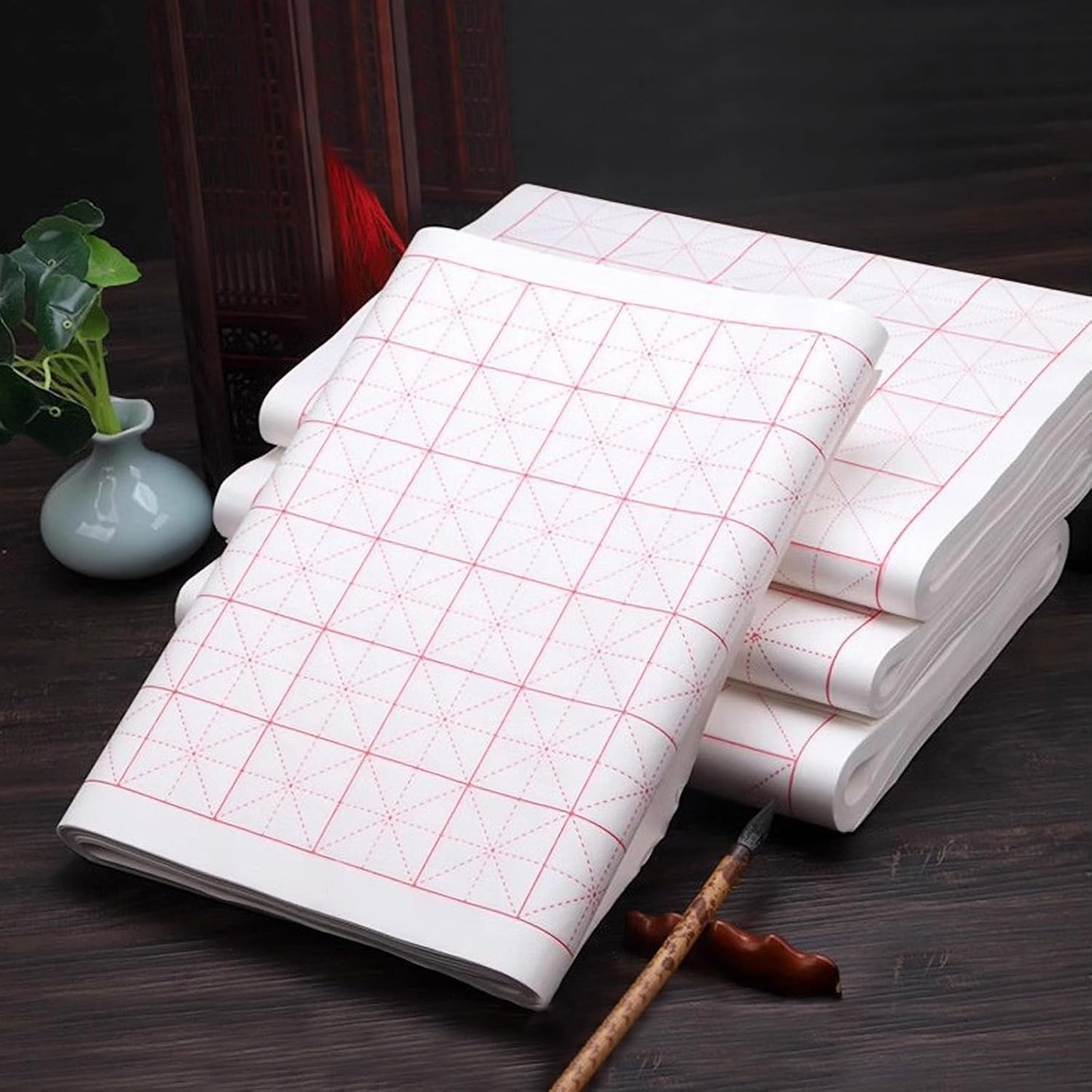 Chinese Calligraphy Paper with Grid, 100 Sheets, White Rice Paper for Brush Writing, Xuan Paper,Calligraphy Practice Paper for Beginners (White, Grid-5cm)