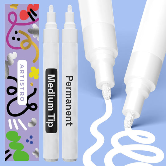 ARTISTRO 2 White Permanent Marker - Waterproof Markers for Tire, Fabric, Rocks, Glass, Ceramic, Wood, Paper - Oil Based Paint Pens - Medium Tip 3mm