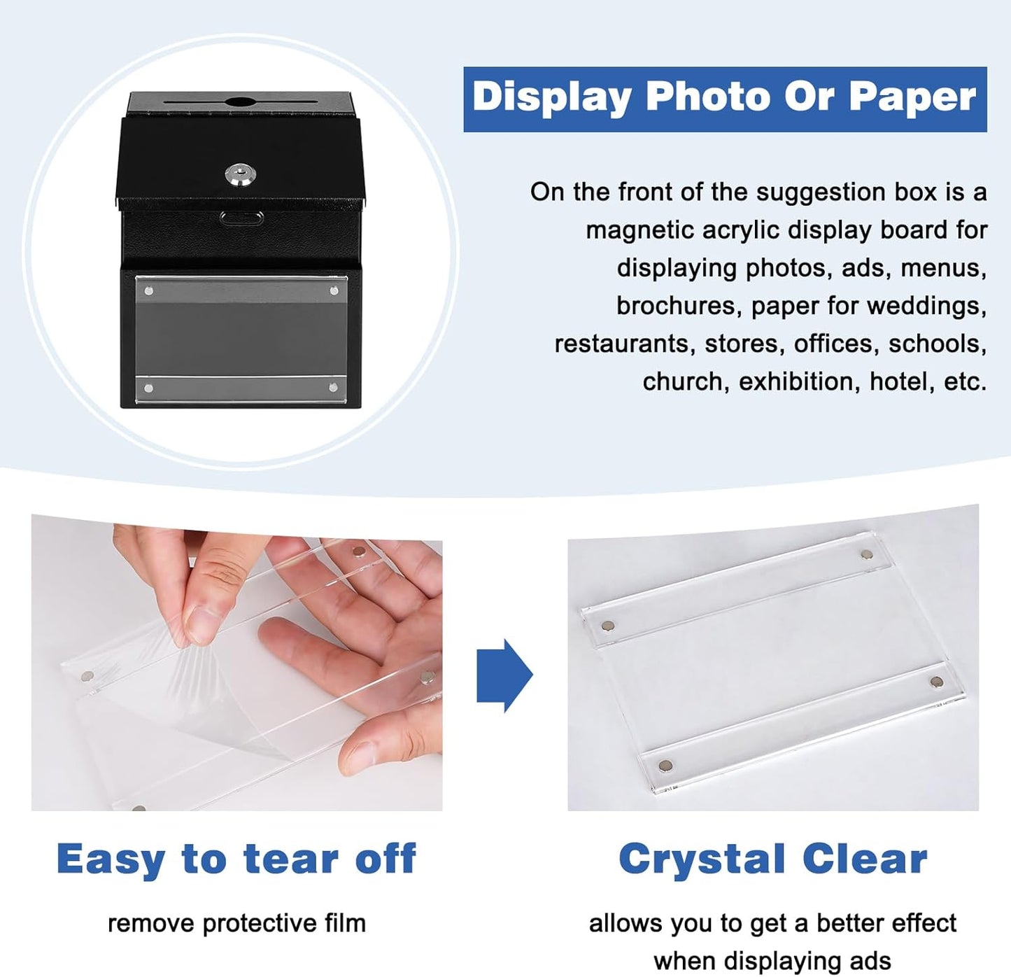 xydled Suggestion Box with Key Lock Magnetic Acrylic Sign Holder, Metal Donation Ballot Drop Box with Slot Tip Jar for Office, Fundraising, Church, School, 8.1'' x 7.1'' x 5.7'', Black