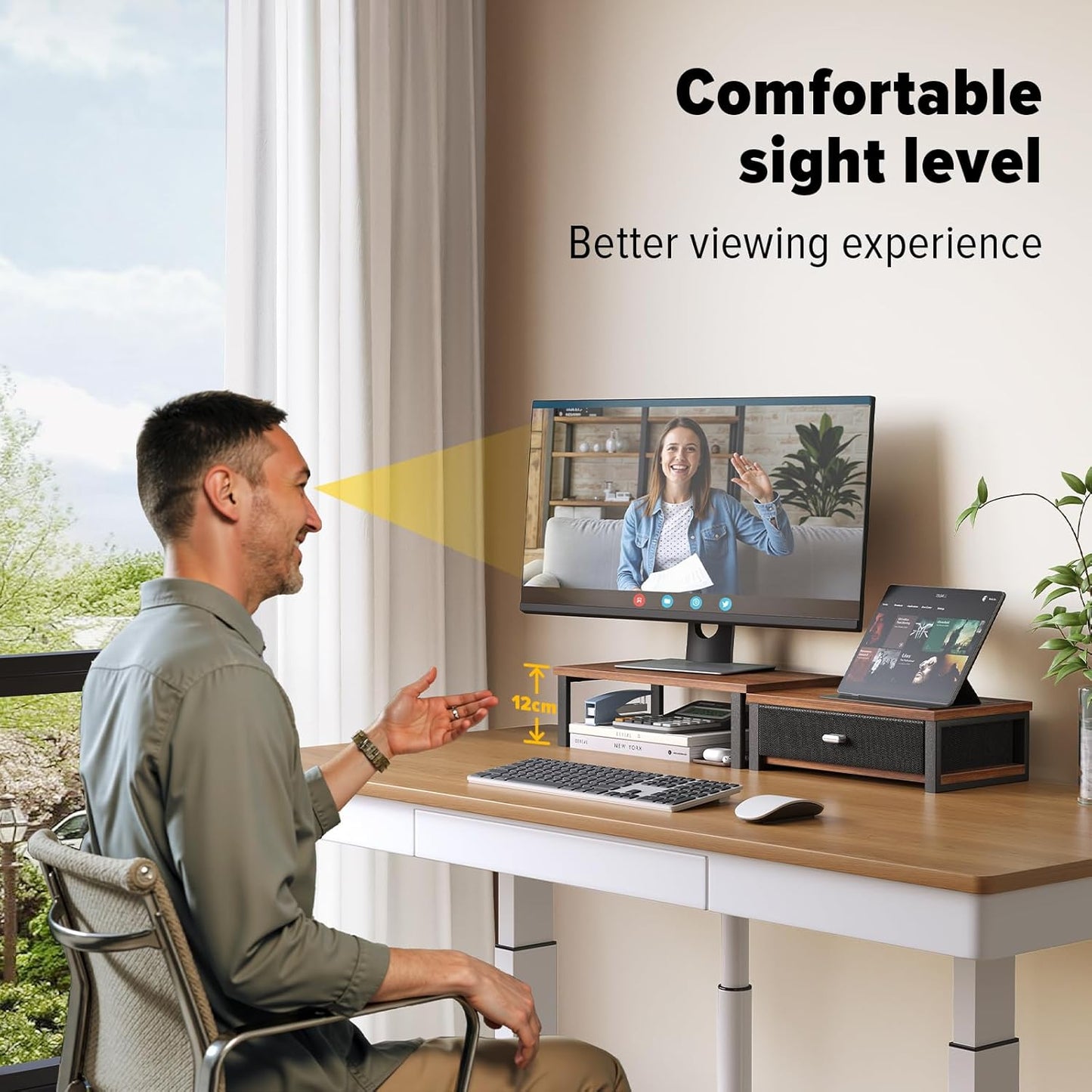 WOHOMO Dual Monitor Stand Riser with Drawers, Desk Organizers for 2 Monitors, Desktop Storage Stand for Computer,Laptop,Walnut